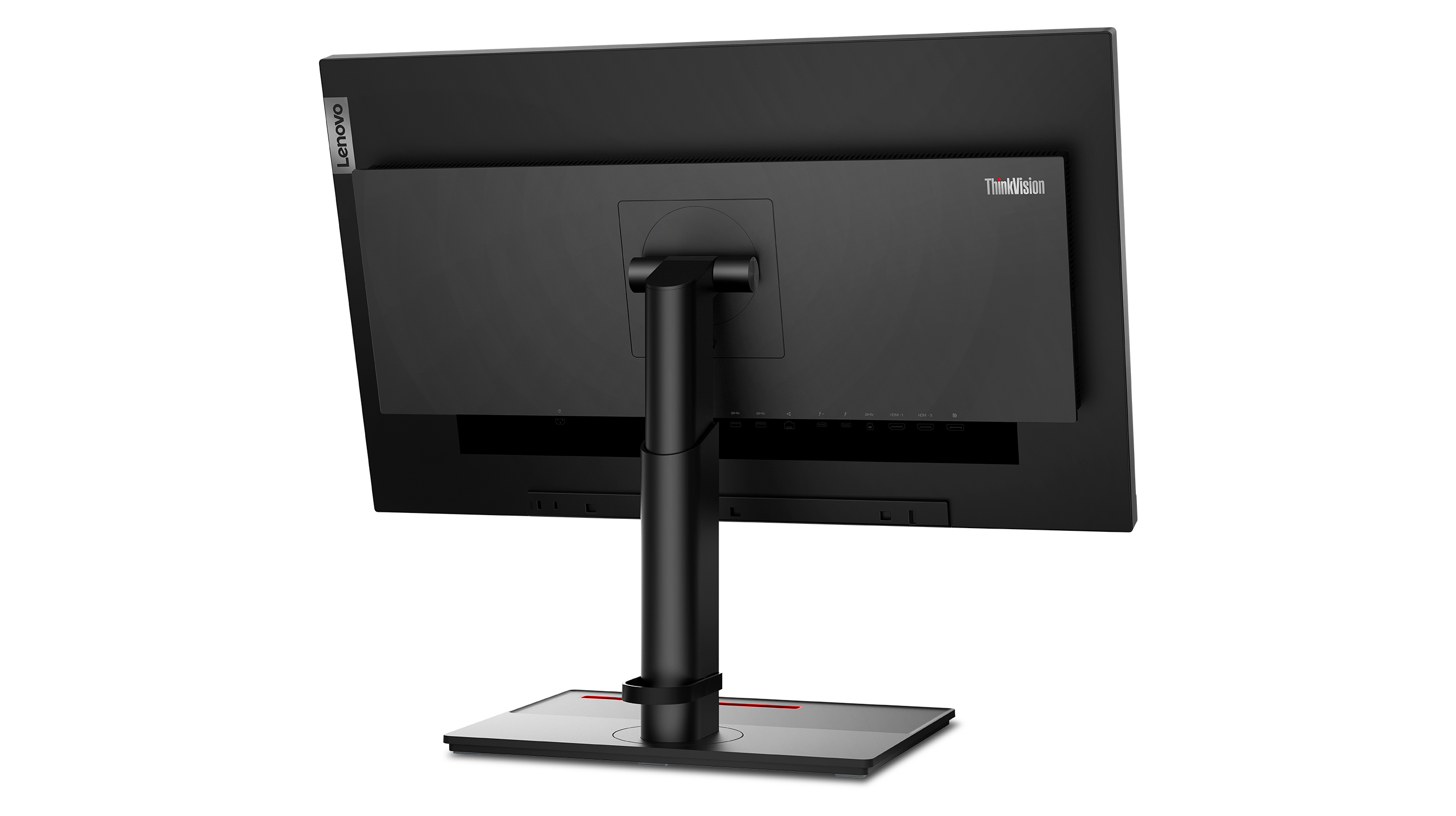Tył czarnego monitora ze stojakiem, z logo ThinkVision.