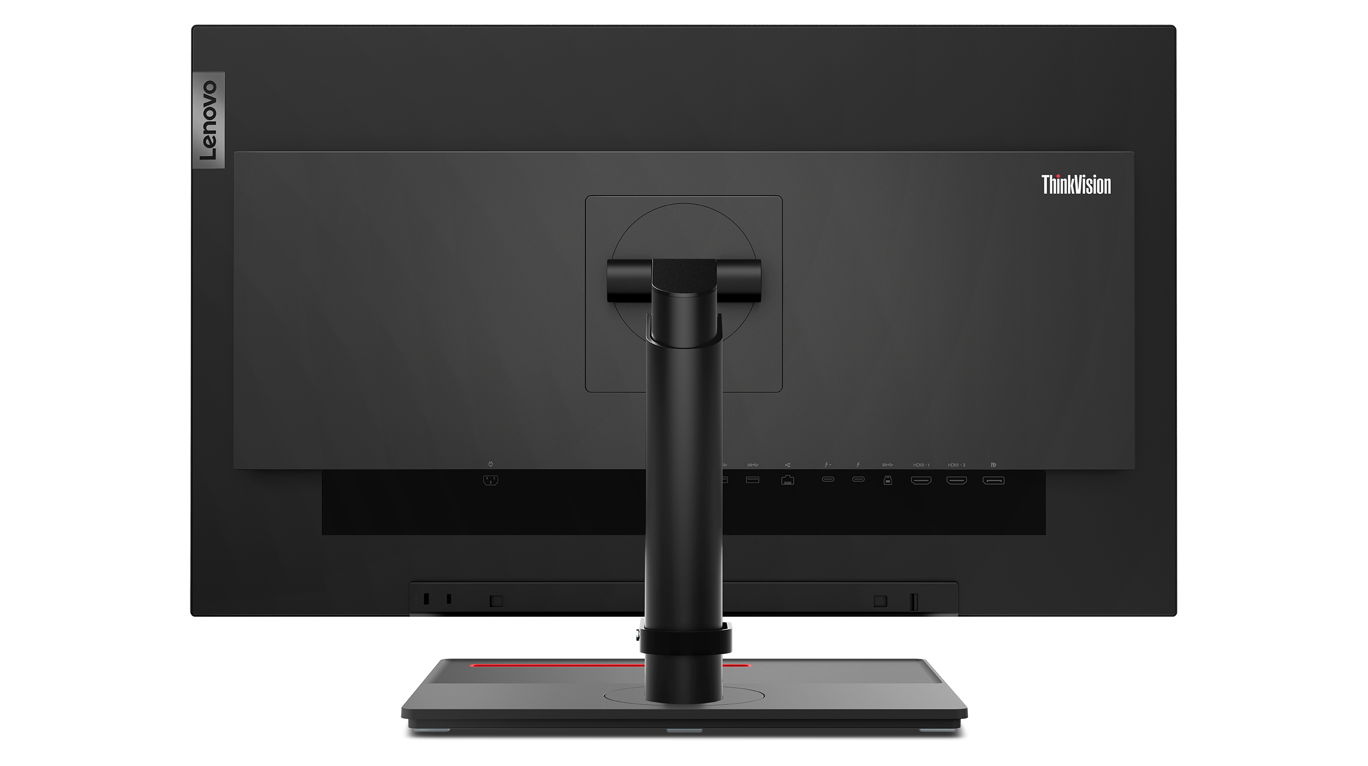 Tył monitora z różnymi portami, podstawą i marką Lenovo.