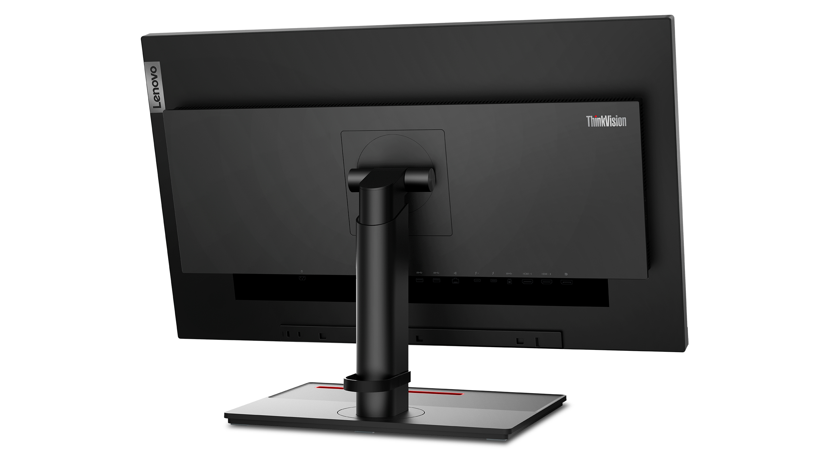 Widok z tyłu czarnego monitora komputera na stojaku. Widoczne logo Lenovo i ThinkVision.