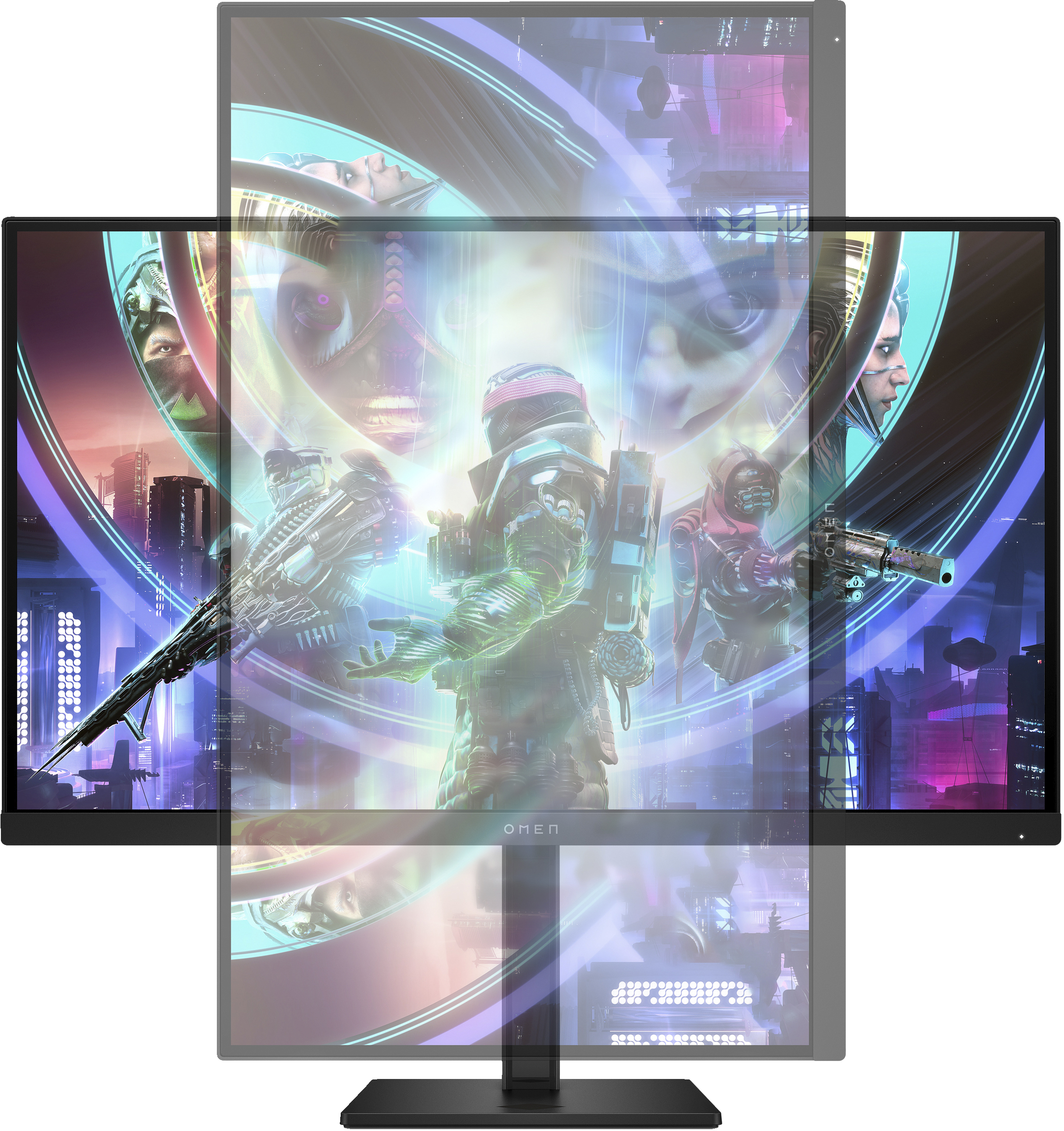 Wiele monitorów z futurystycznym obrazem z gry, pokazującym żołnierzy i krajobraz miejski.