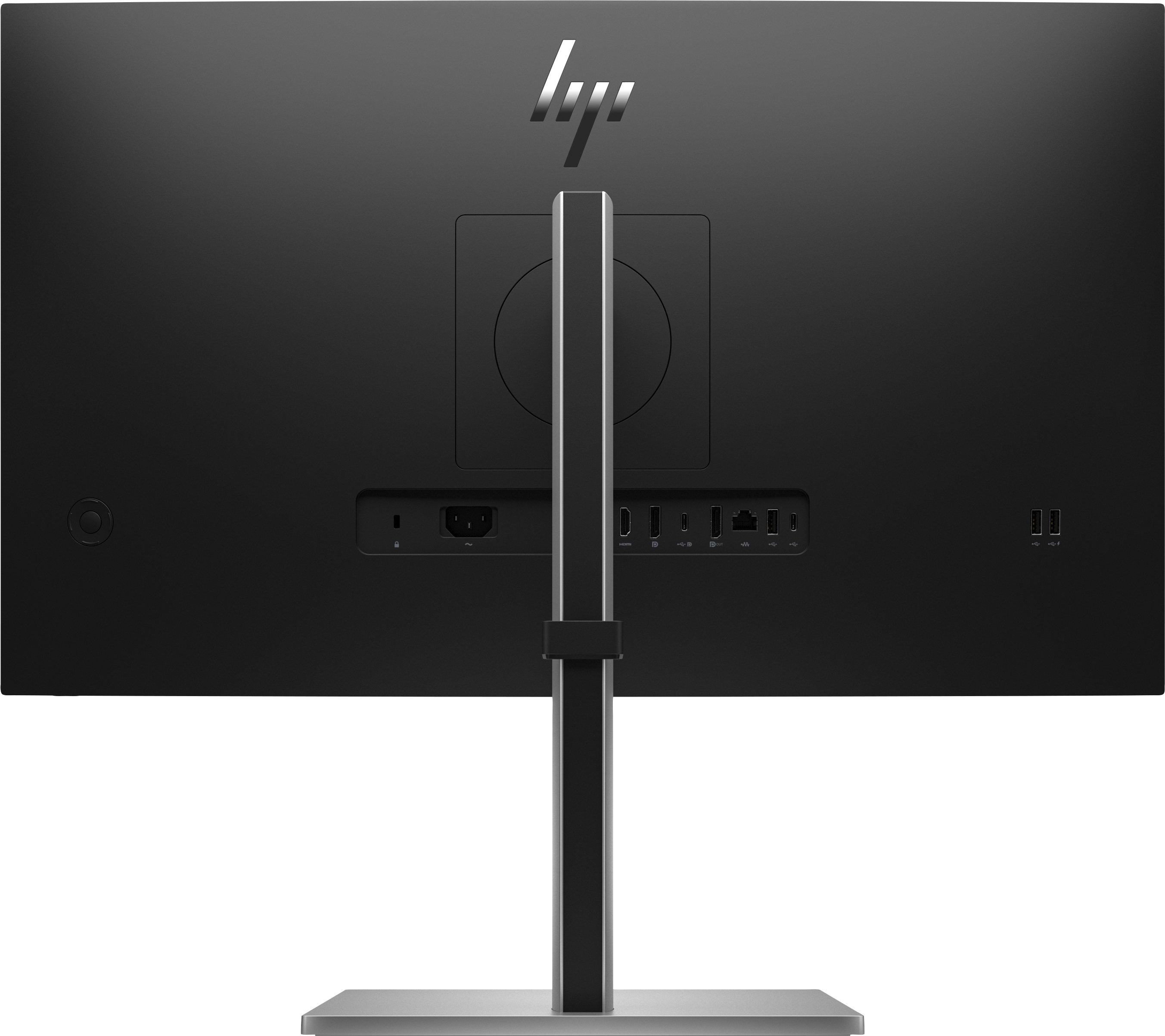 Parte trasera de un monitor HP negro, que muestra puertos y conexiones, con el logo de HP.