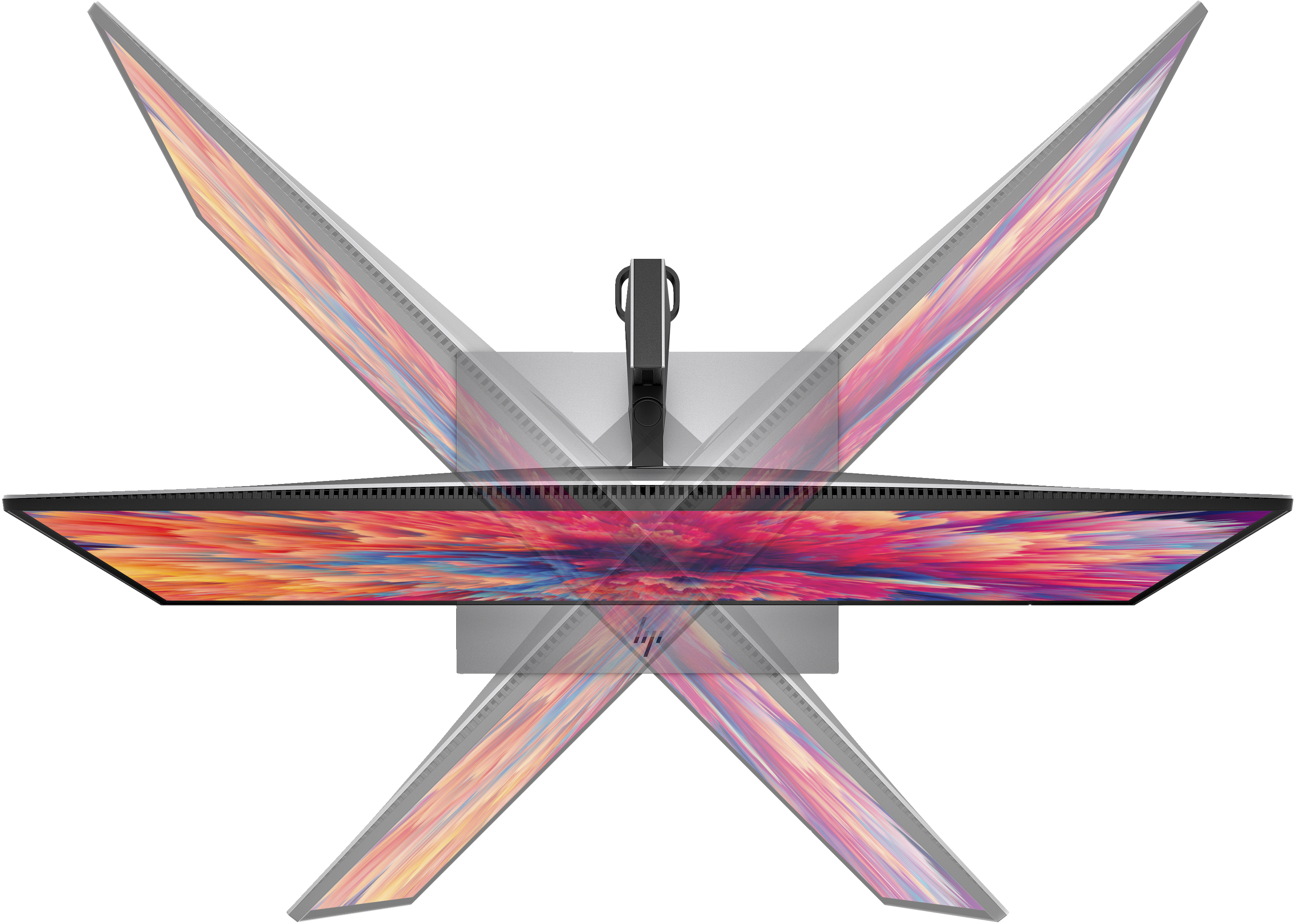 Monitor komputera obrócony pod różnymi kątami. Ekran wyświetla kolorowy wzór abstrakcyjny.