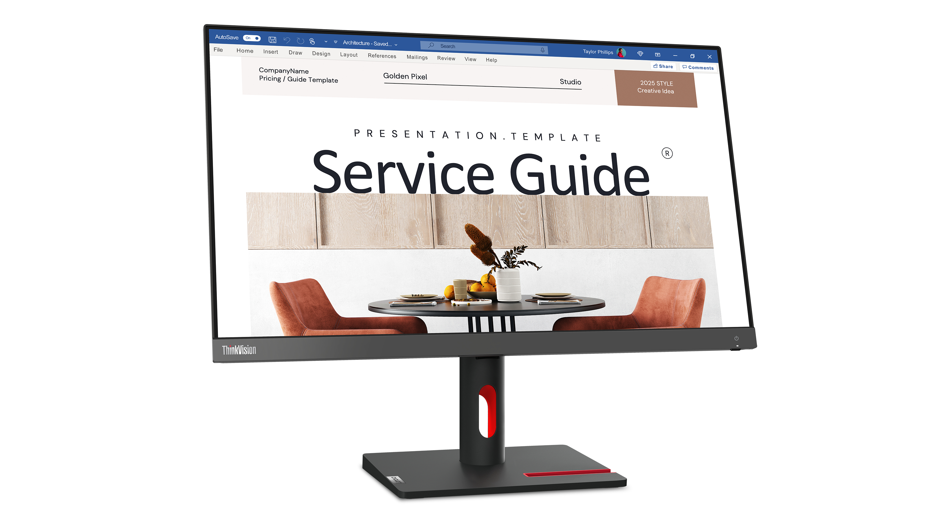 Écran d'ordinateur avec un guide de service affiché. Il montre une table et deux chaises.
