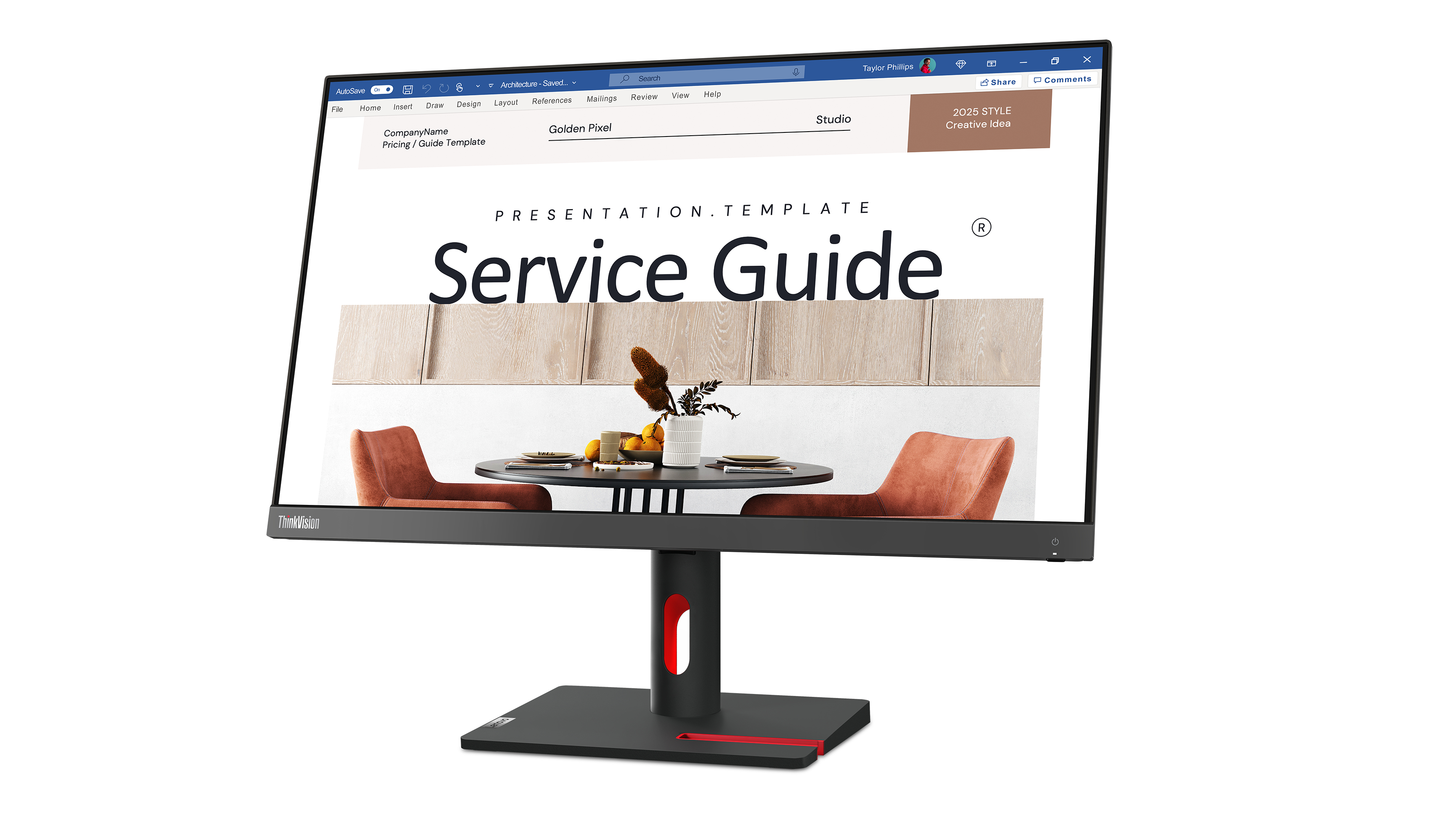 Moniteur affichant un guide de présentation. Support noir, fond blanc.