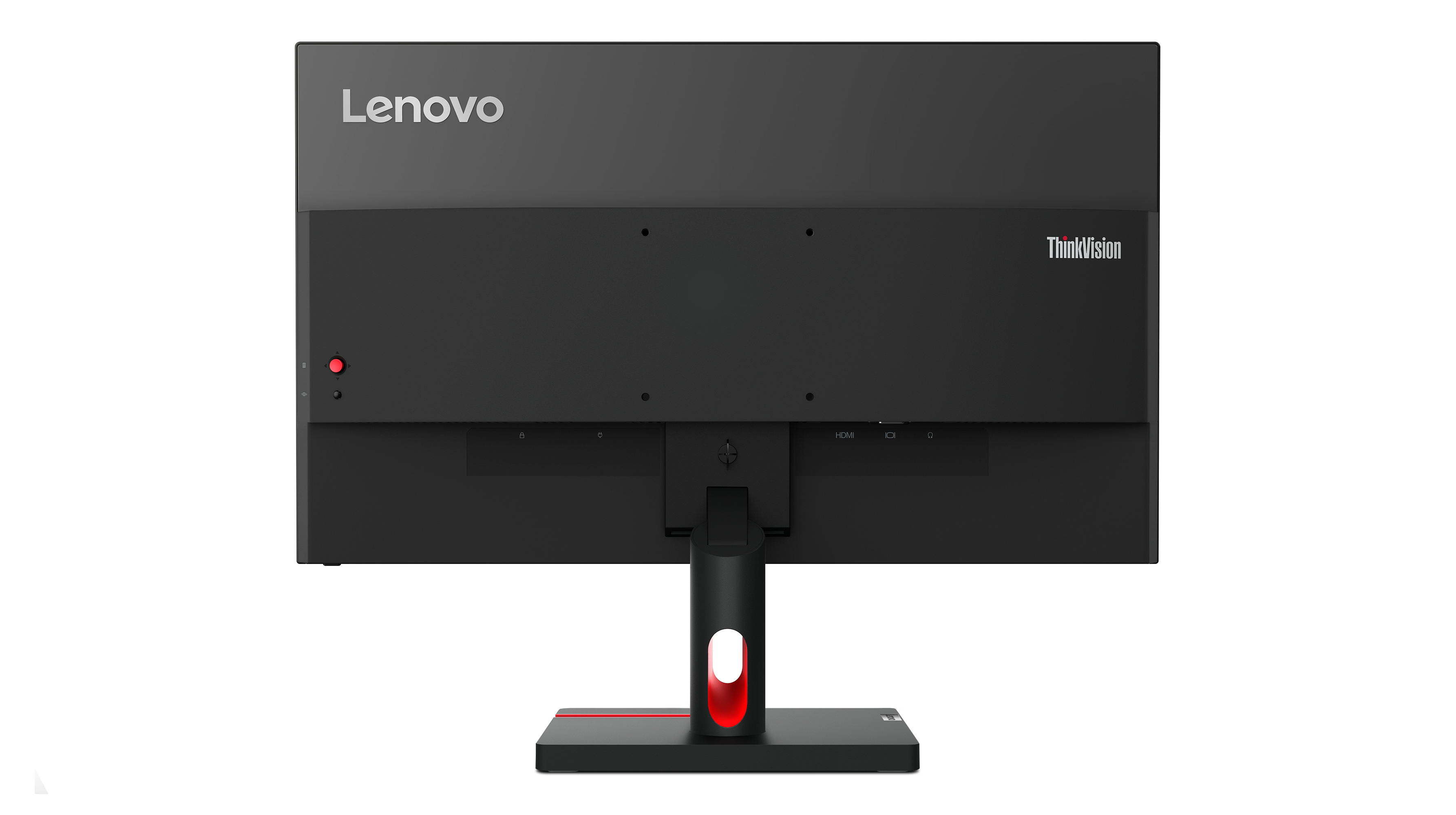 Arrière d'un moniteur Lenovo noir. Ports, support et logo sont visibles.