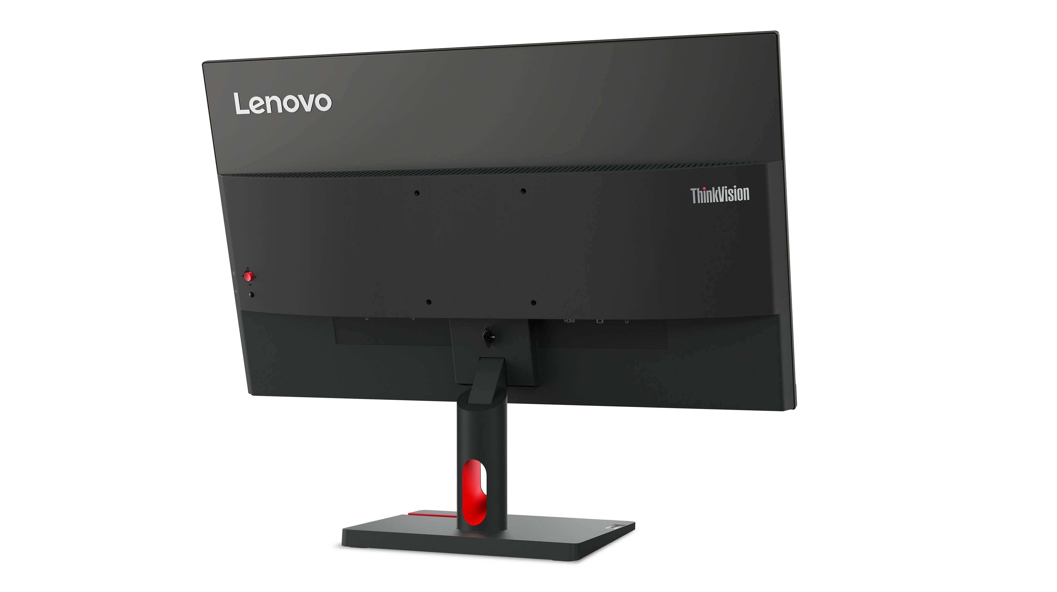 Panneau arrière du moniteur Lenovo avec ports, pied et logo Lenovo, avec des accents rouges.
