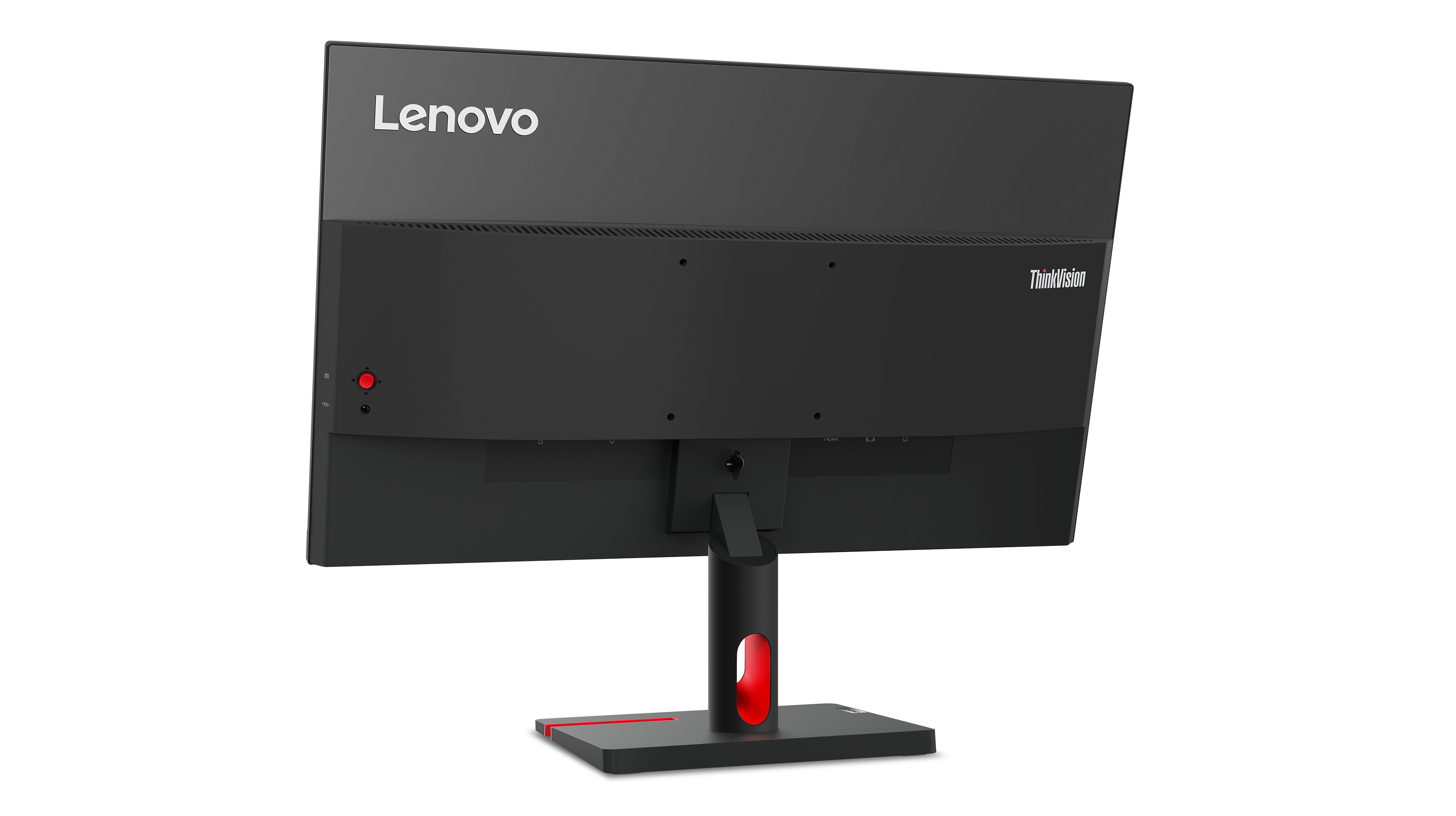 Vue arrière d'un écran d'ordinateur Lenovo noir avec des accents rouges.