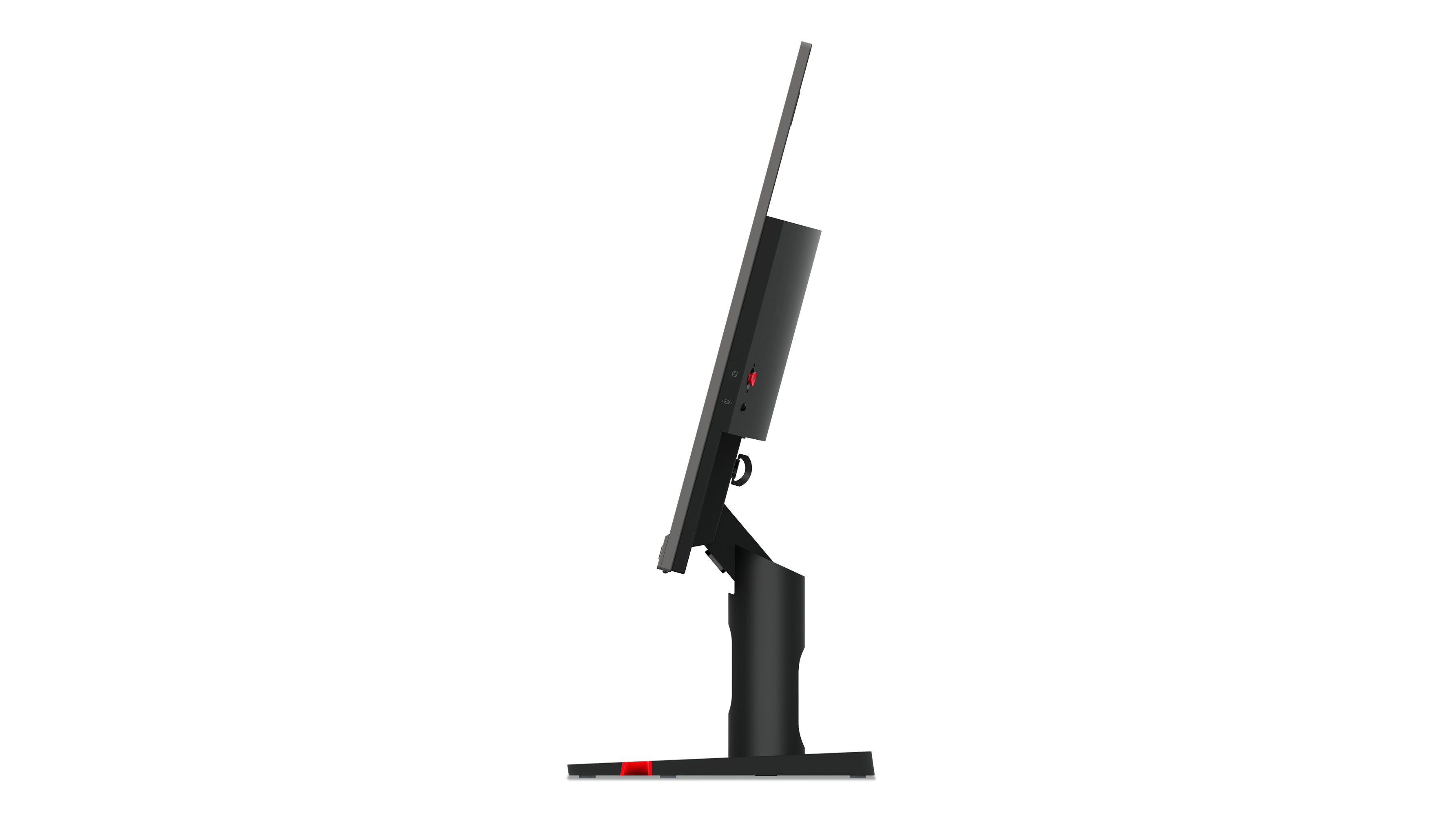 Un moniteur noir vu de côté, avec un bouton rouge et un support noir.