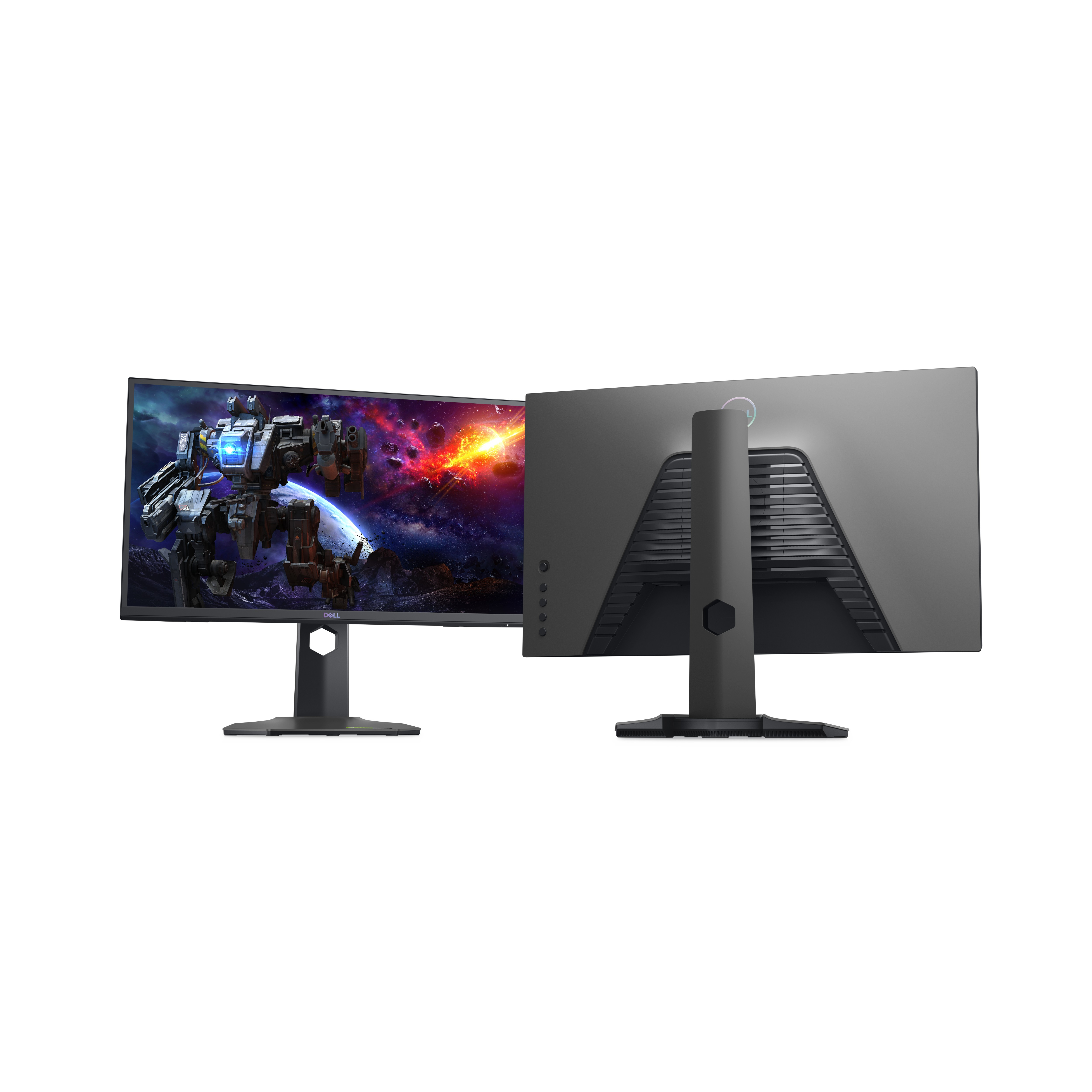 Monitor da gioco, vista anteriore e posteriore. Mostra una scena futuristica. Sfondo bianco.