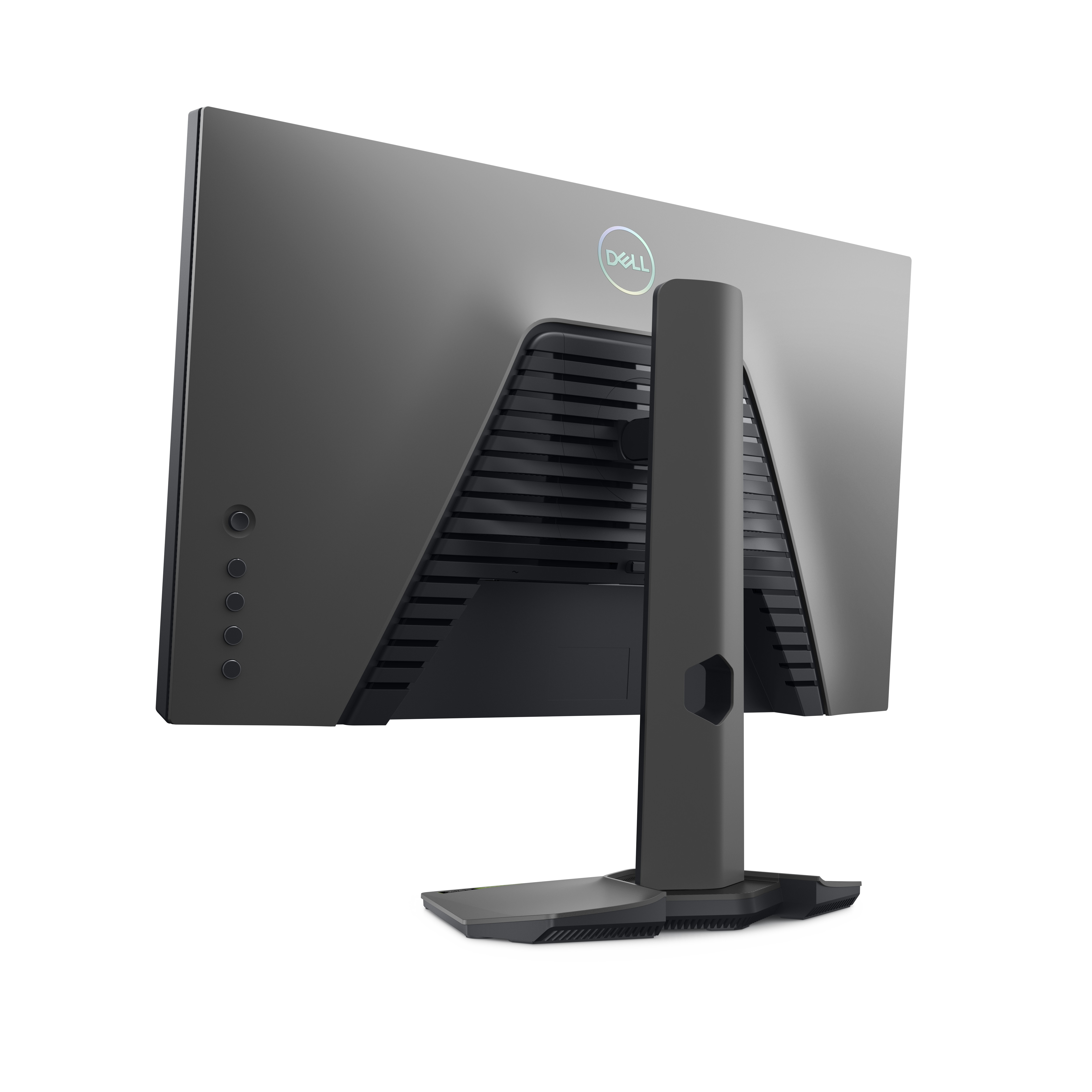 Il retro di un monitor grigio scuro, con il logo Dell e fessure di ventilazione.
