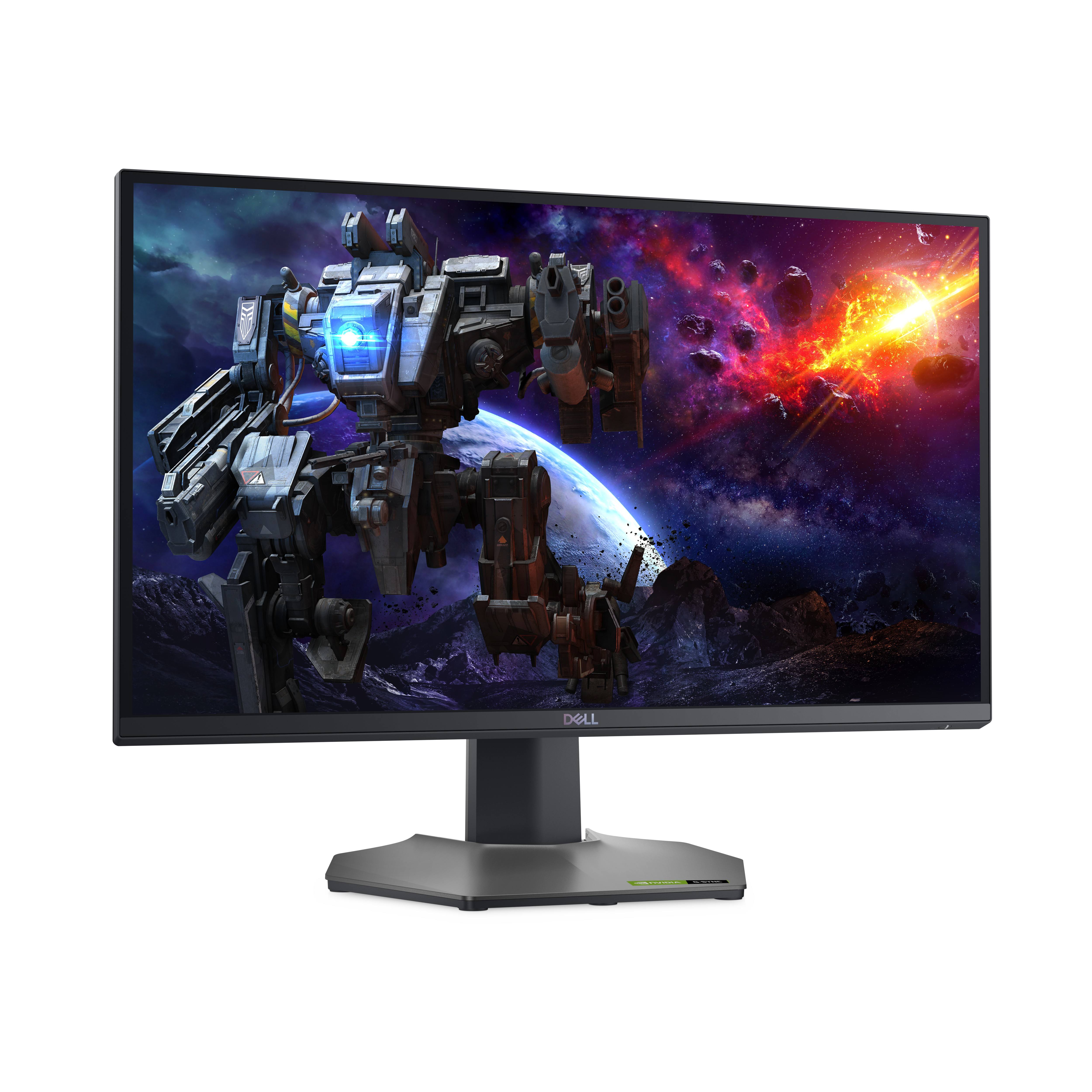 Monitor da gioco Dell. Il display mostra un robot nello spazio con un pianeta ed esplosioni.
