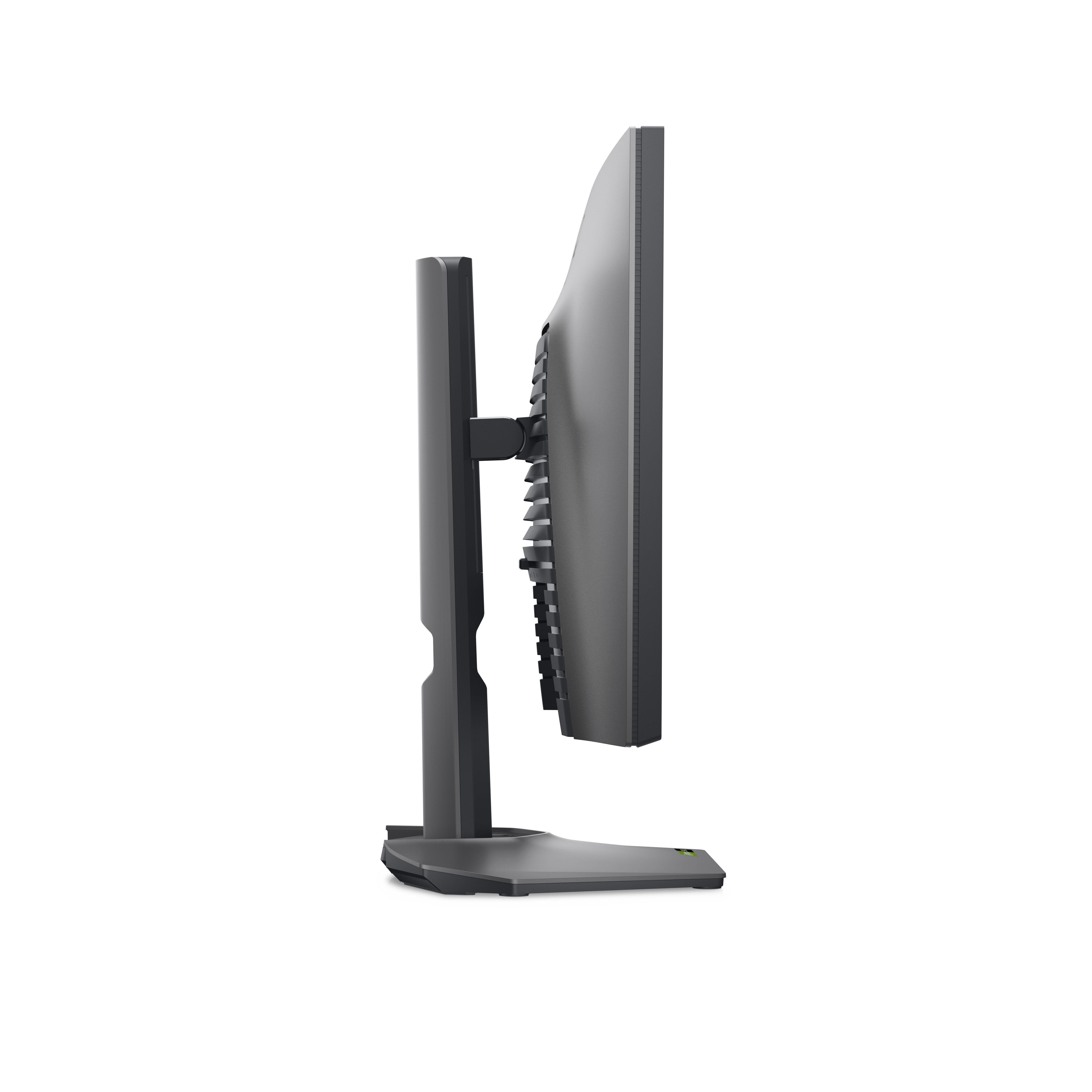 Monitor nero di lato, che mostra supporto e retro. Lo schermo è grigio.