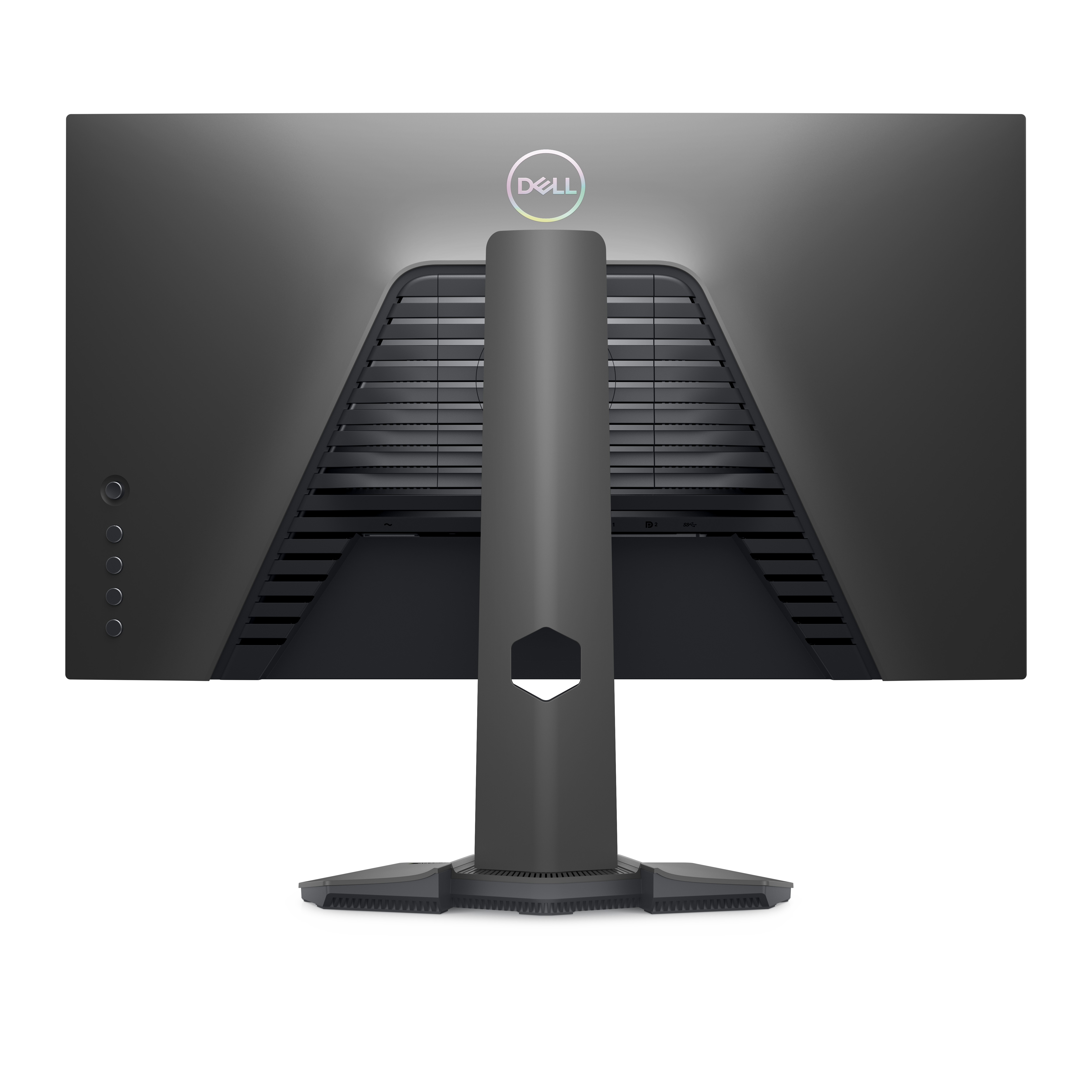 Il retro di un monitor Dell nero, con supporto e porte. Il logo Dell è visibile in alto.