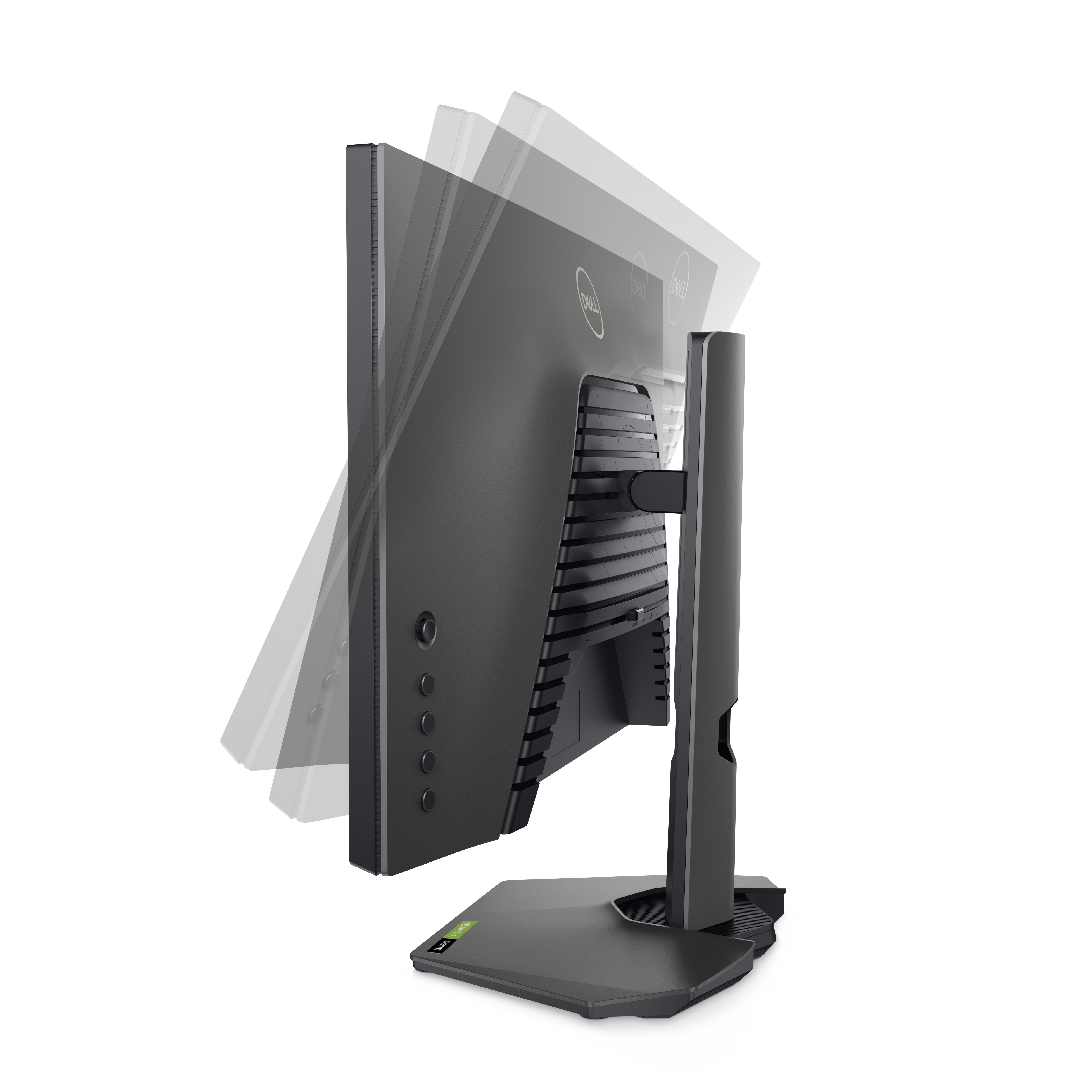 Monitor Dell inclinato, vista laterale. Il supporto ha logo Nvidia verde.