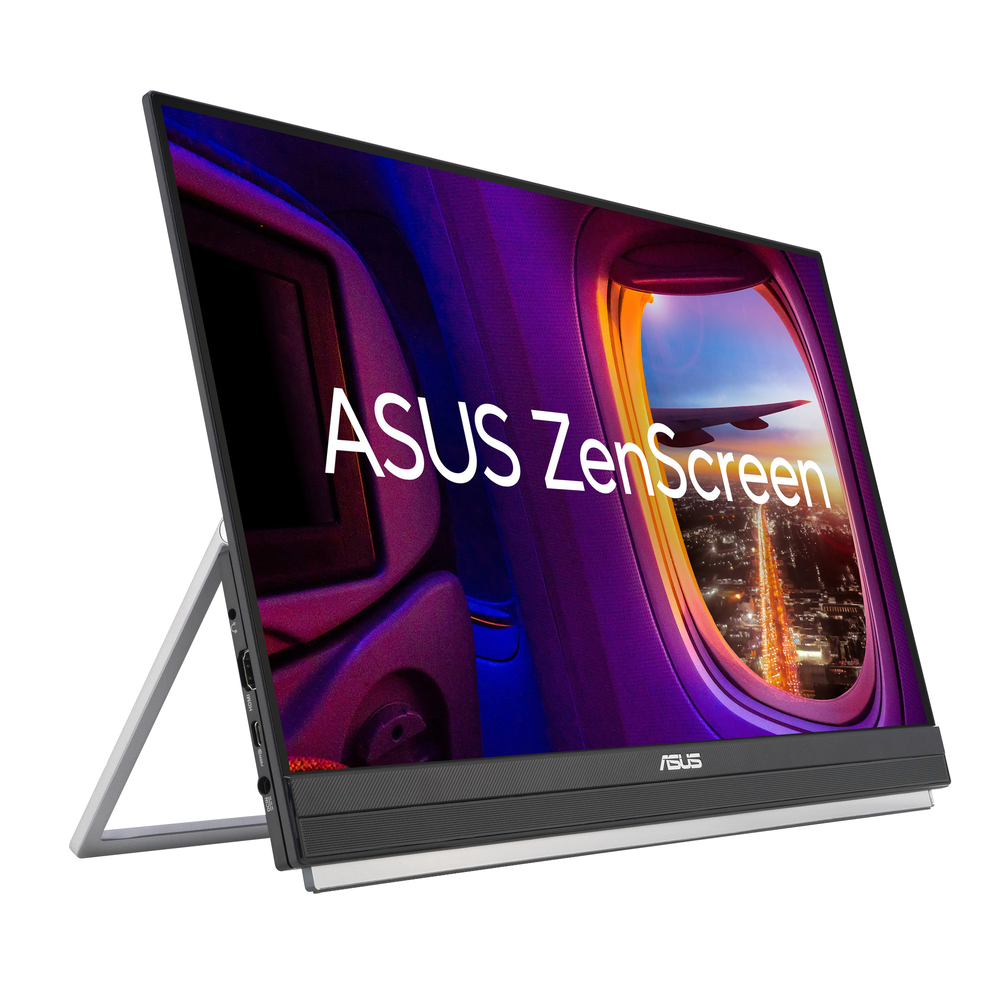 Monitor Asus ZenScreen z widokiem okna na ekranie, pod kątem na białym tle.
