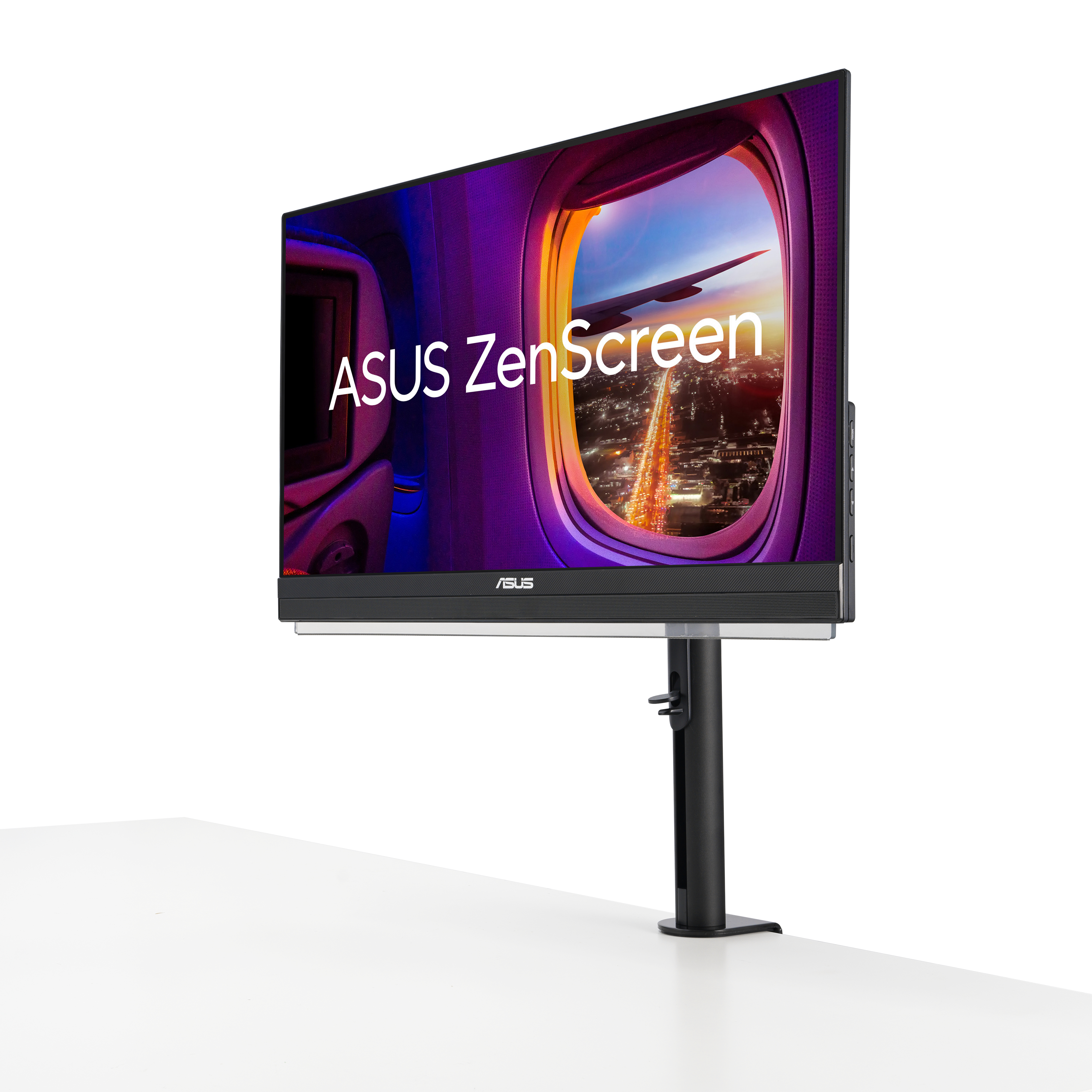 Monitor ASUS ZenScreen zawieszony na statywie nad białą powierzchnią.