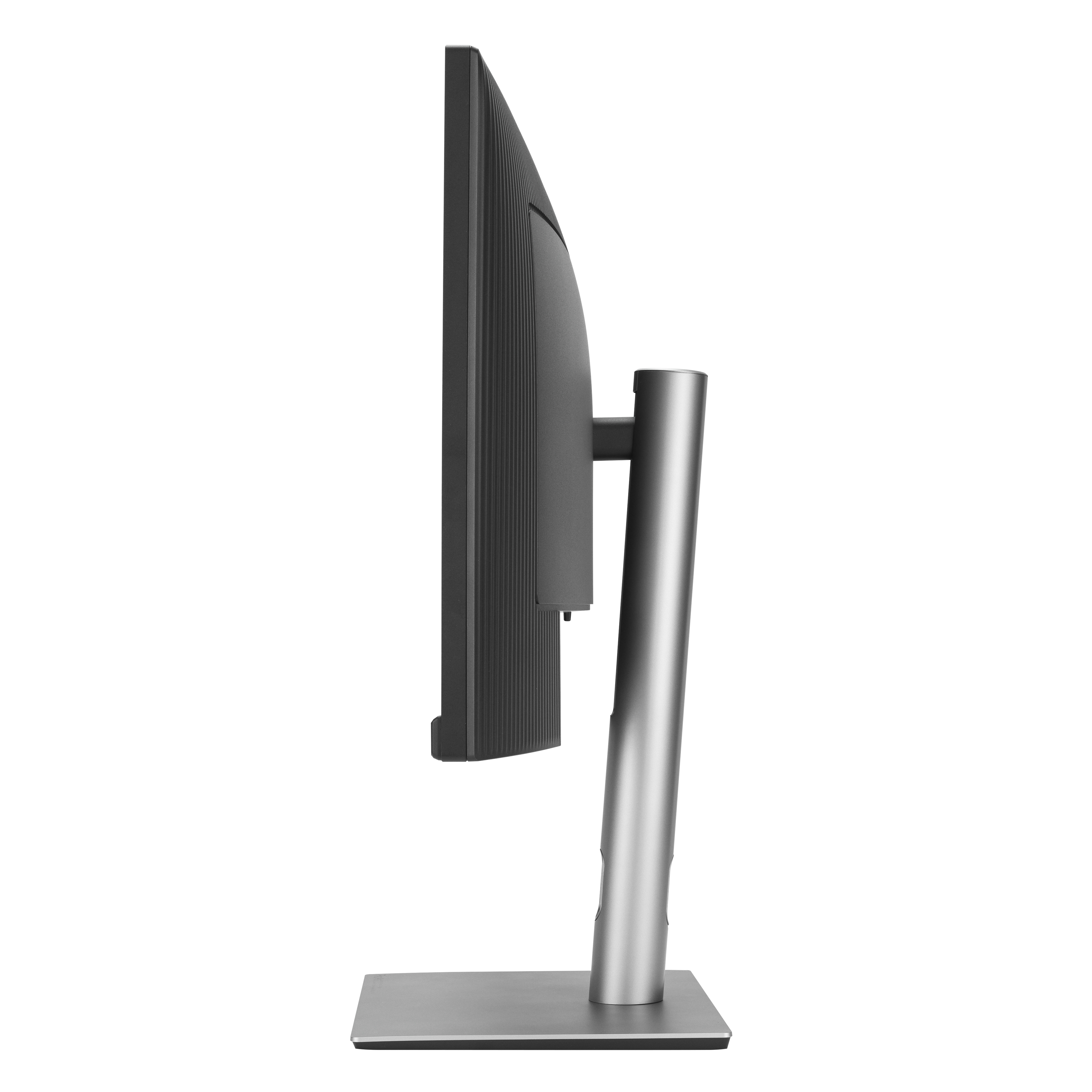 Widok z boku monitora, czarna ramka, srebrna podstawka.