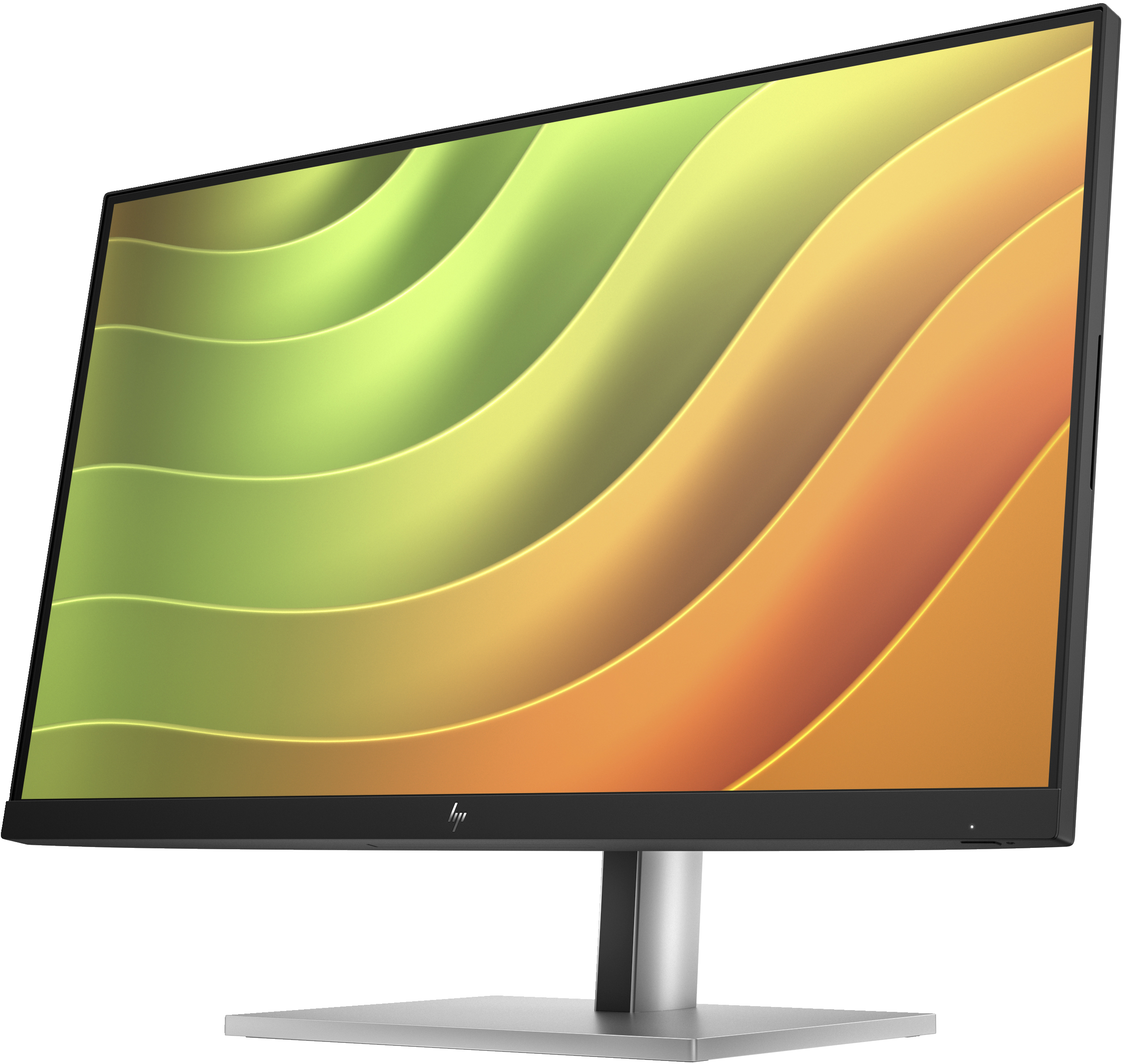 Monitor con líneas curvas verdes, amarillas y naranjas como pantalla. Soporte plateado.