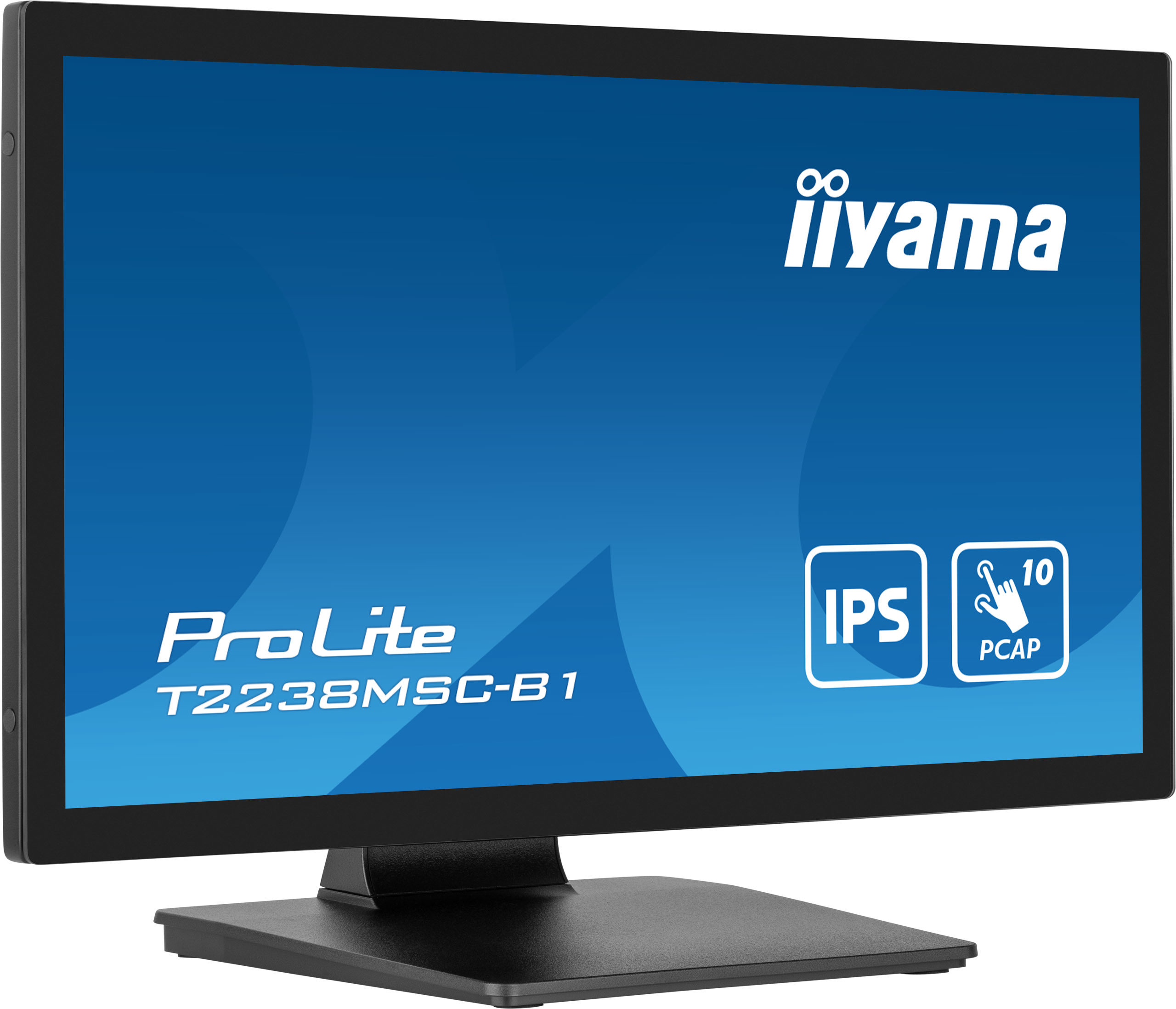 Czarny monitor komputerowy z czarną podstawą i niebieskim tłem. Tekst: Iiyama, ProLite T2238MSC-B1, IPS, PCAP.
