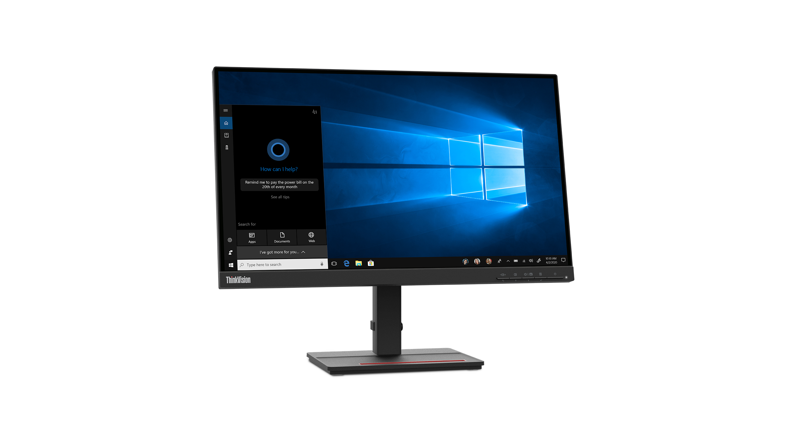 Un monitor de computadora con pantalla azul de Windows, base negra y soporte. Fondo blanco.