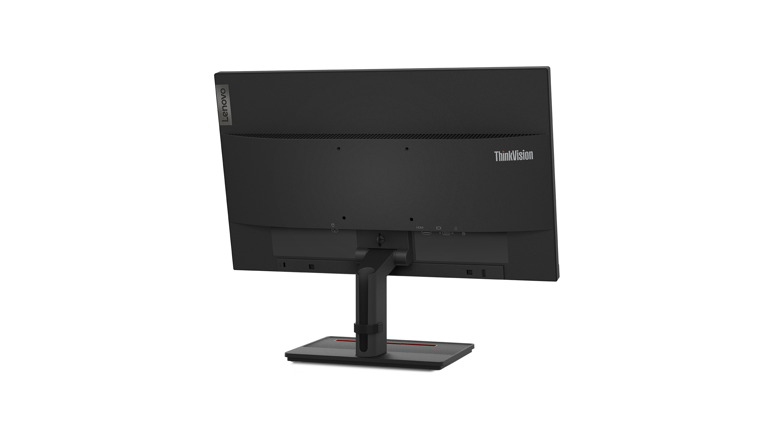 Parte trasera de un monitor de ordenador negro con soporte. Logos de Lenovo y ThinkVision visibles.