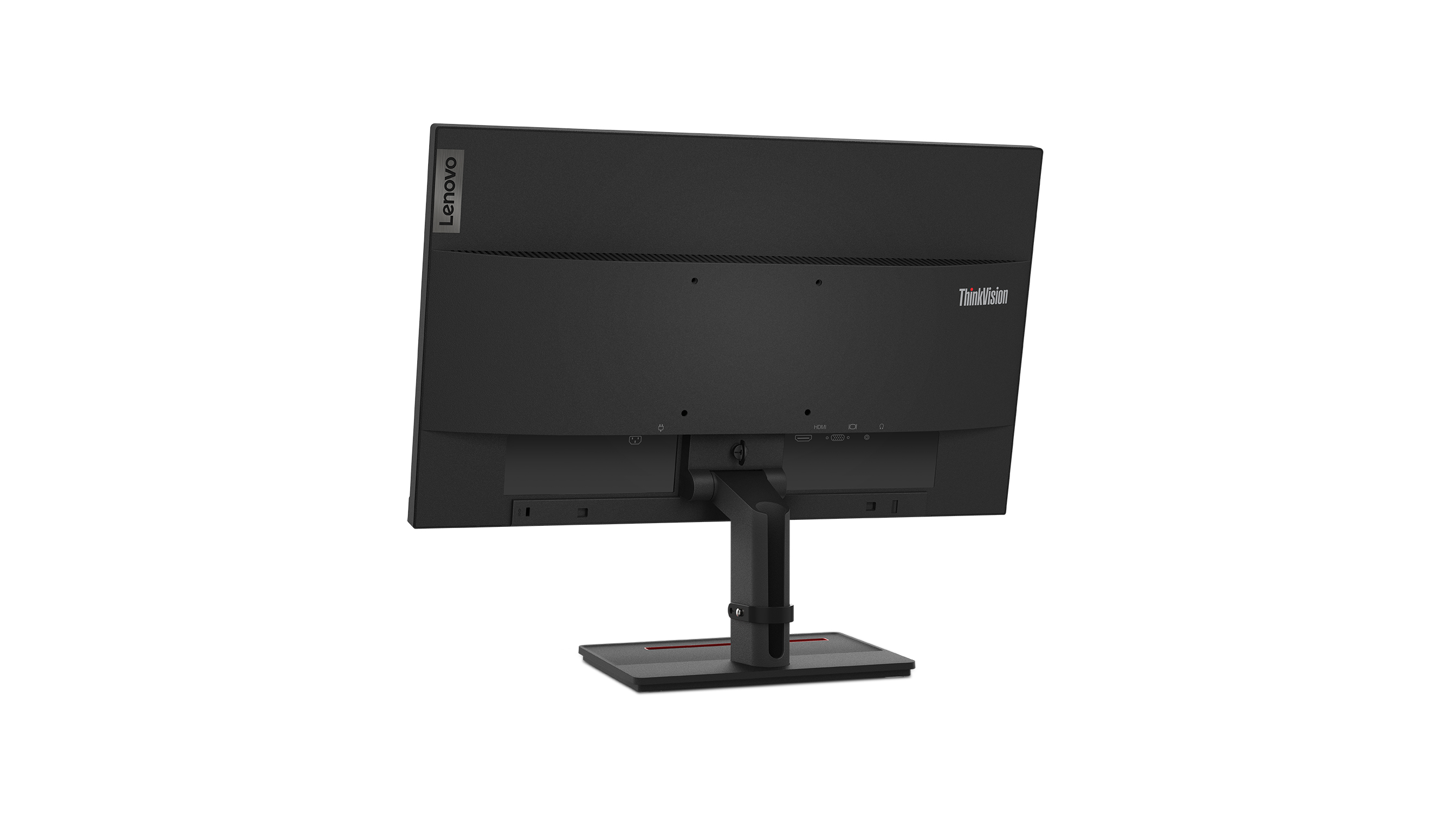 La parte trasera de un monitor Lenovo ThinkVision negro. El soporte y el monitor son negros. Puertos visibles.