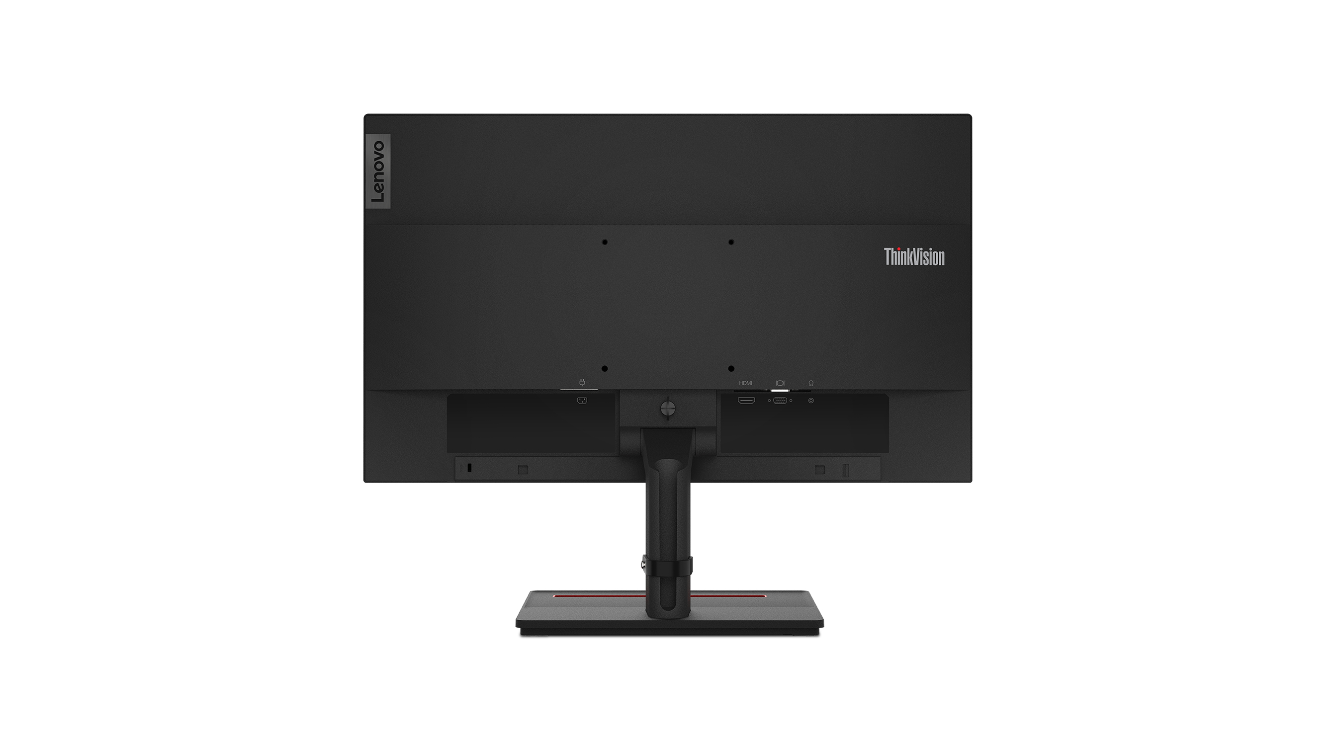 Vista trasera de un monitor Lenovo. Carcasa negra, entradas y soporte negro.