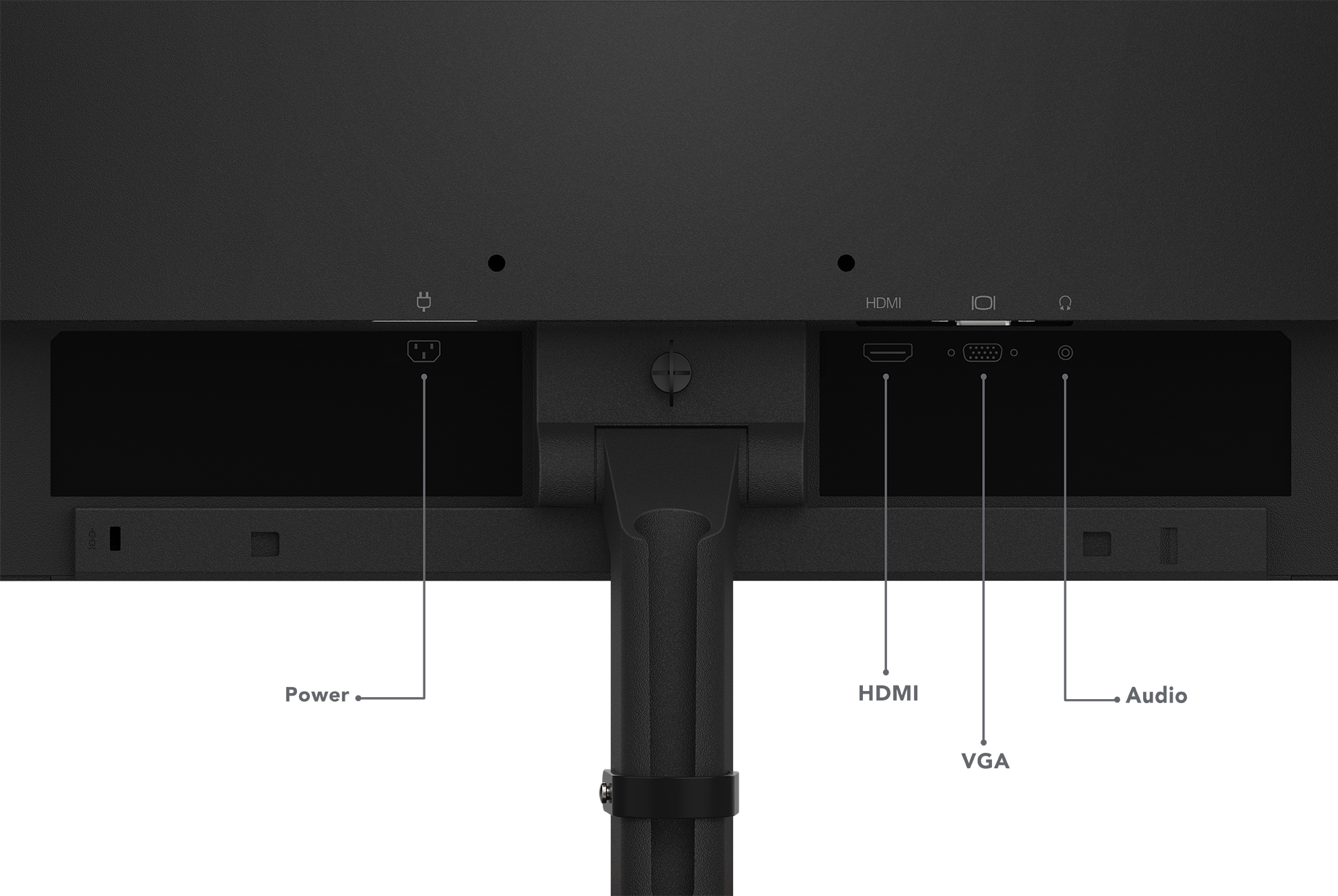Parte trasera de un monitor que muestra puertos de alimentación, HDMI, VGA y audio.