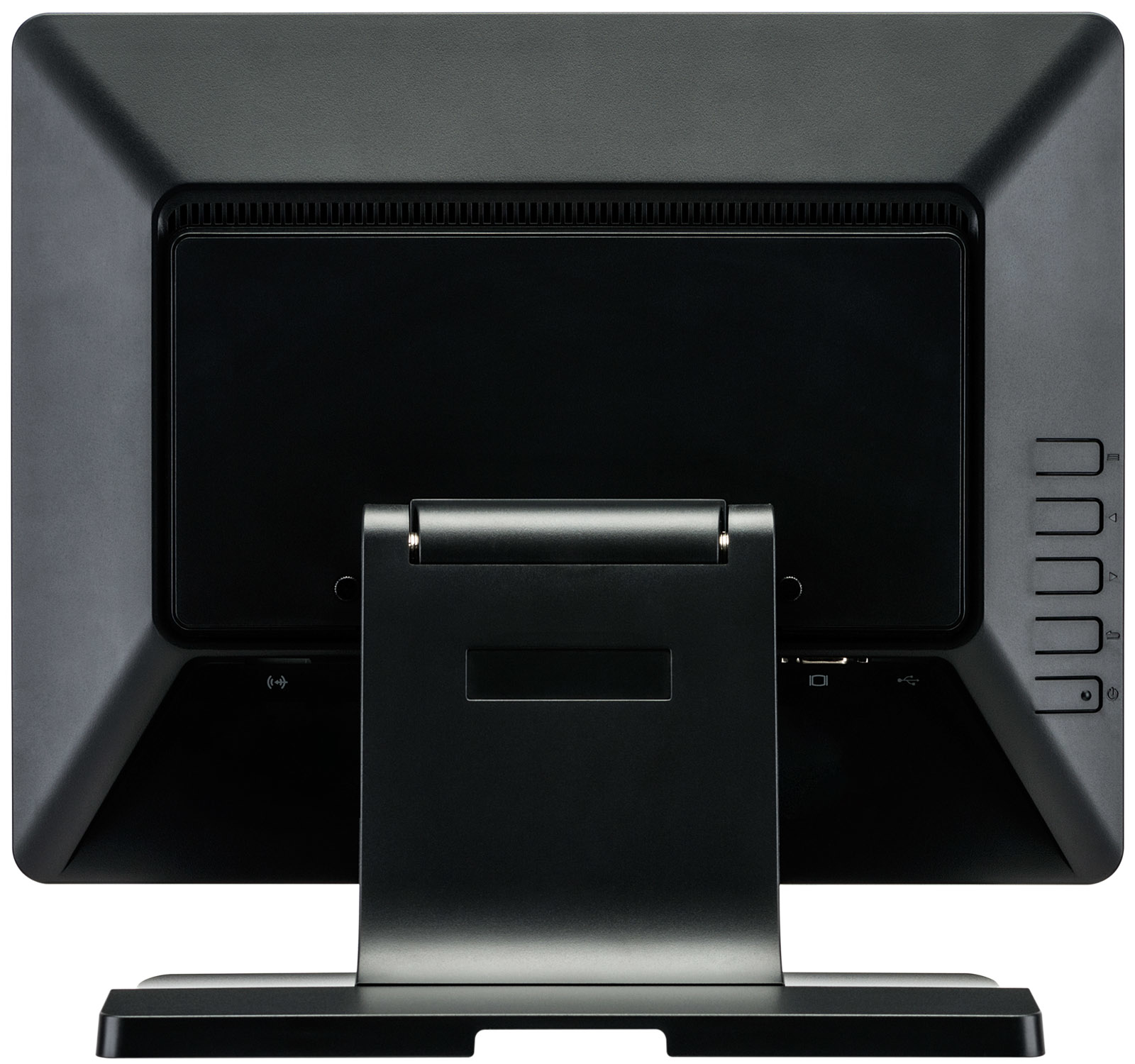 Widok z tyłu czarnego monitora z portami i podstawą.