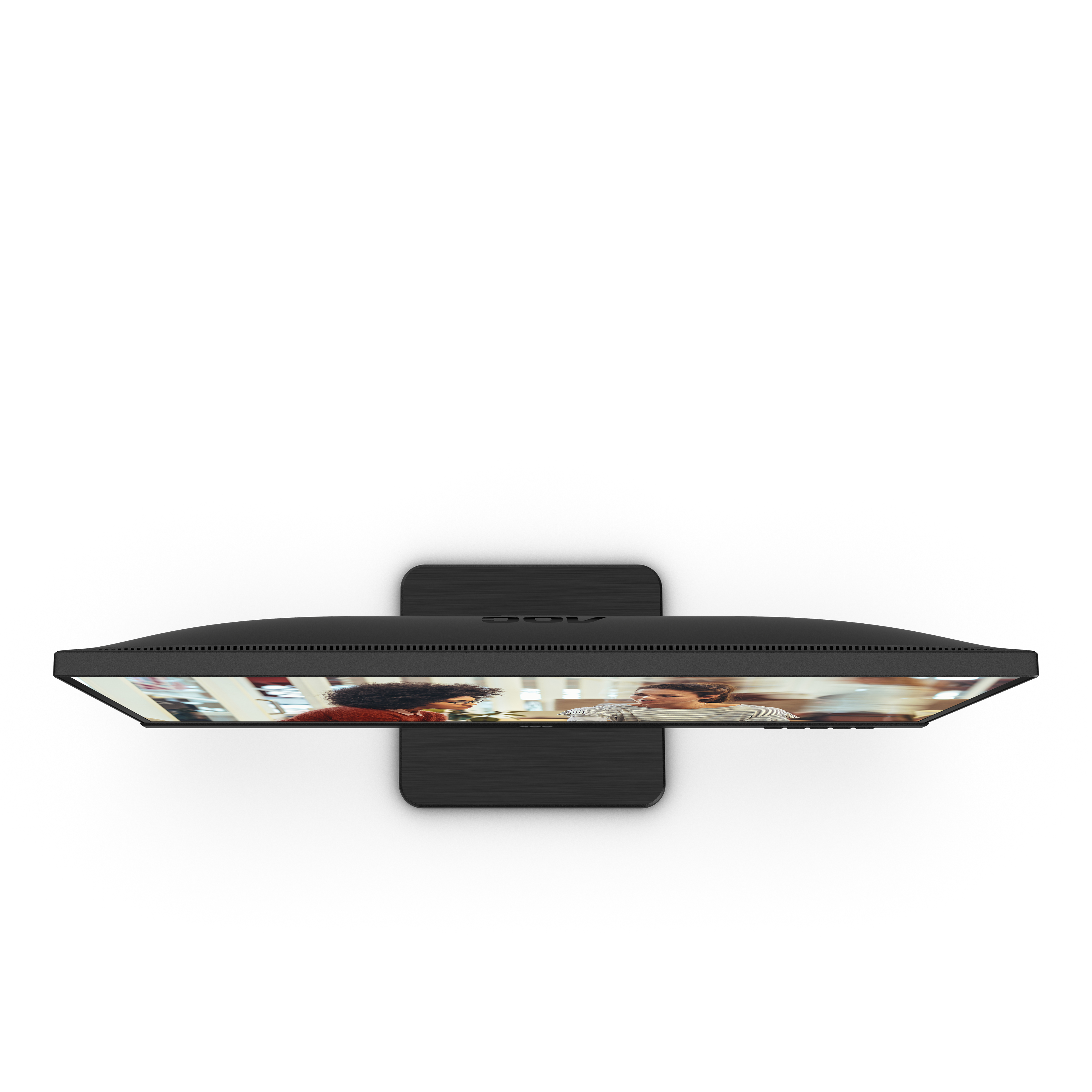 Un monitor visto dall'alto con un supporto nero. Lo schermo mostra due persone che interagiscono.
