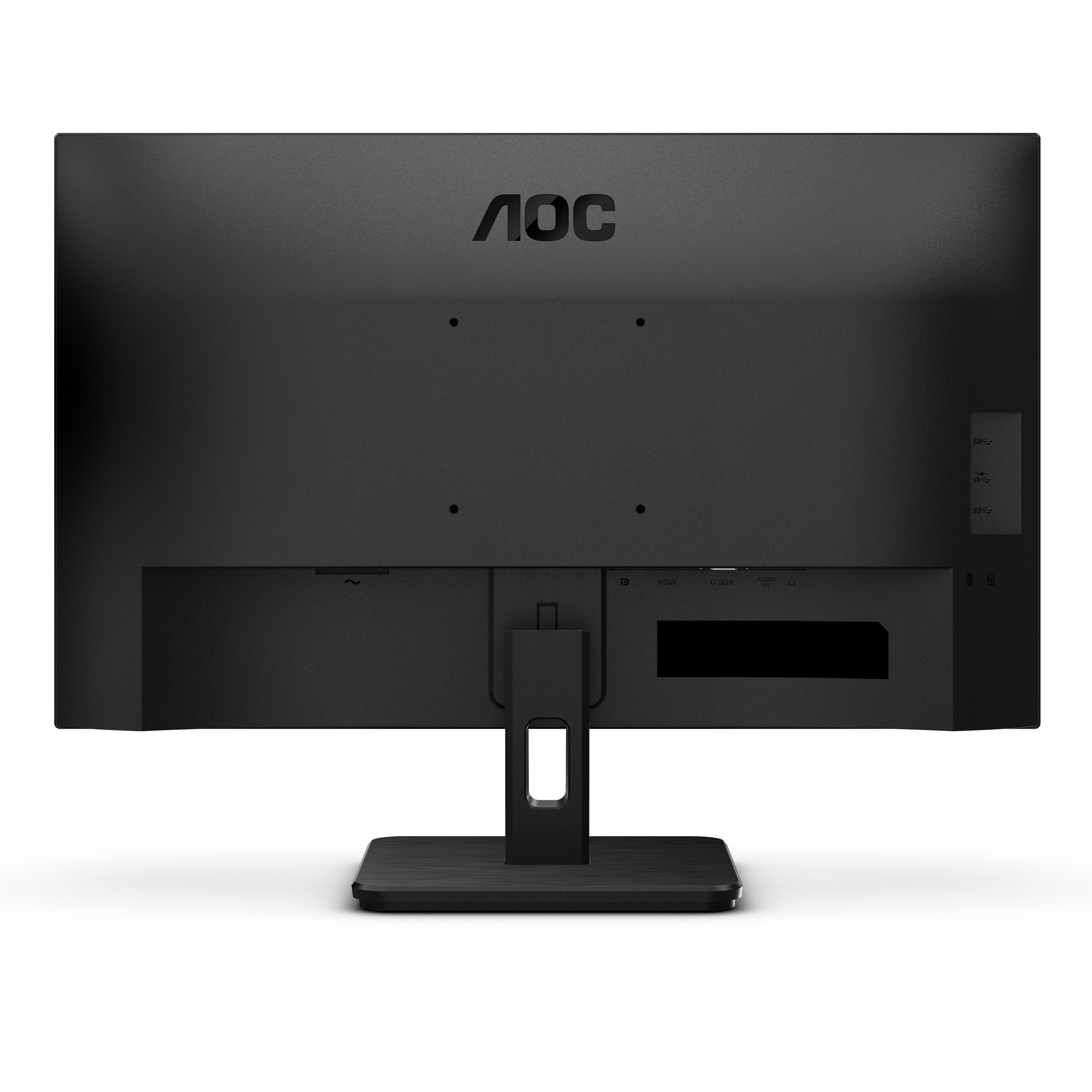 Monitor del computer nero con il logo AOC su sfondo bianco.
