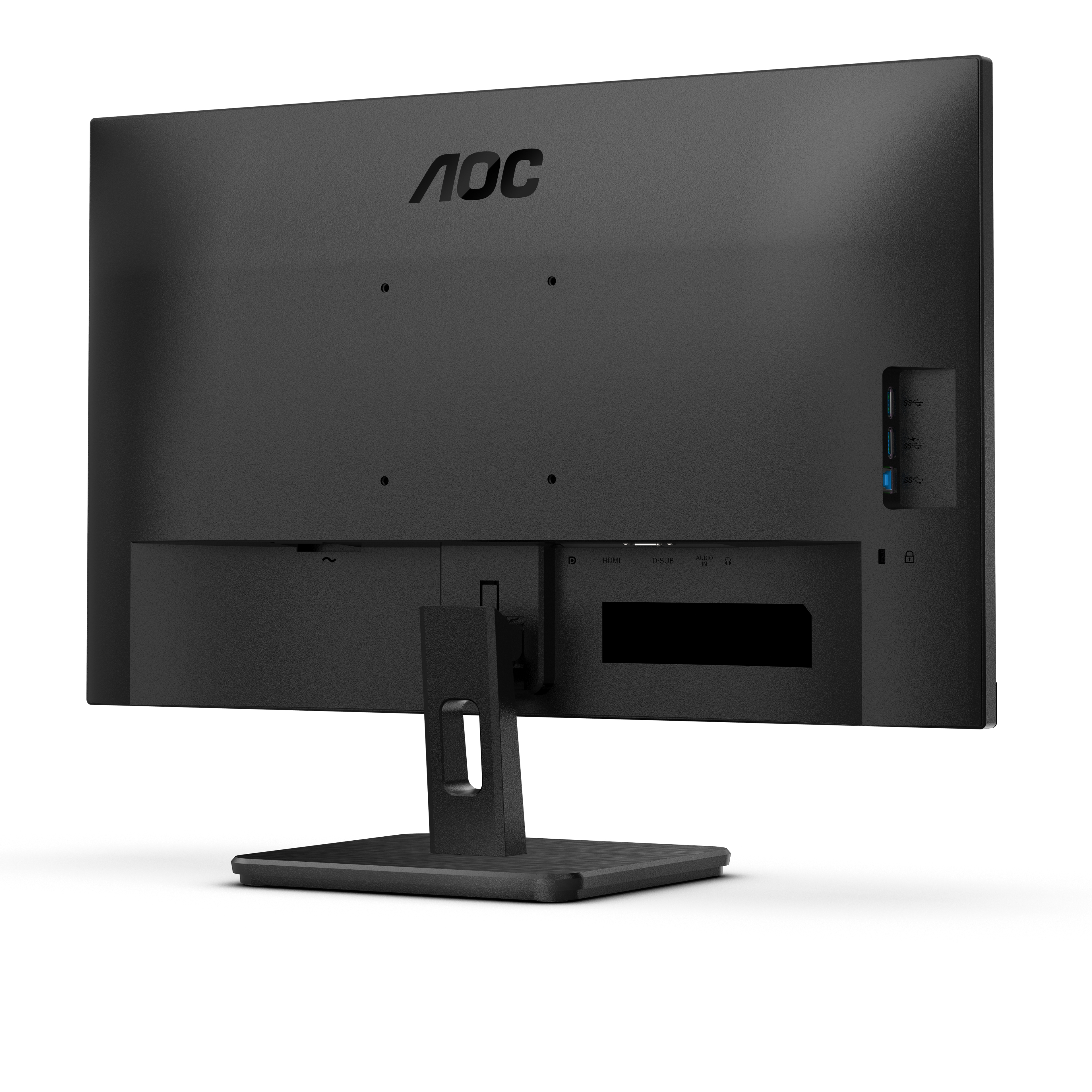 Retro del monitor AOC con porte di connessione. Il monitor ha una cornice e un supporto neri.