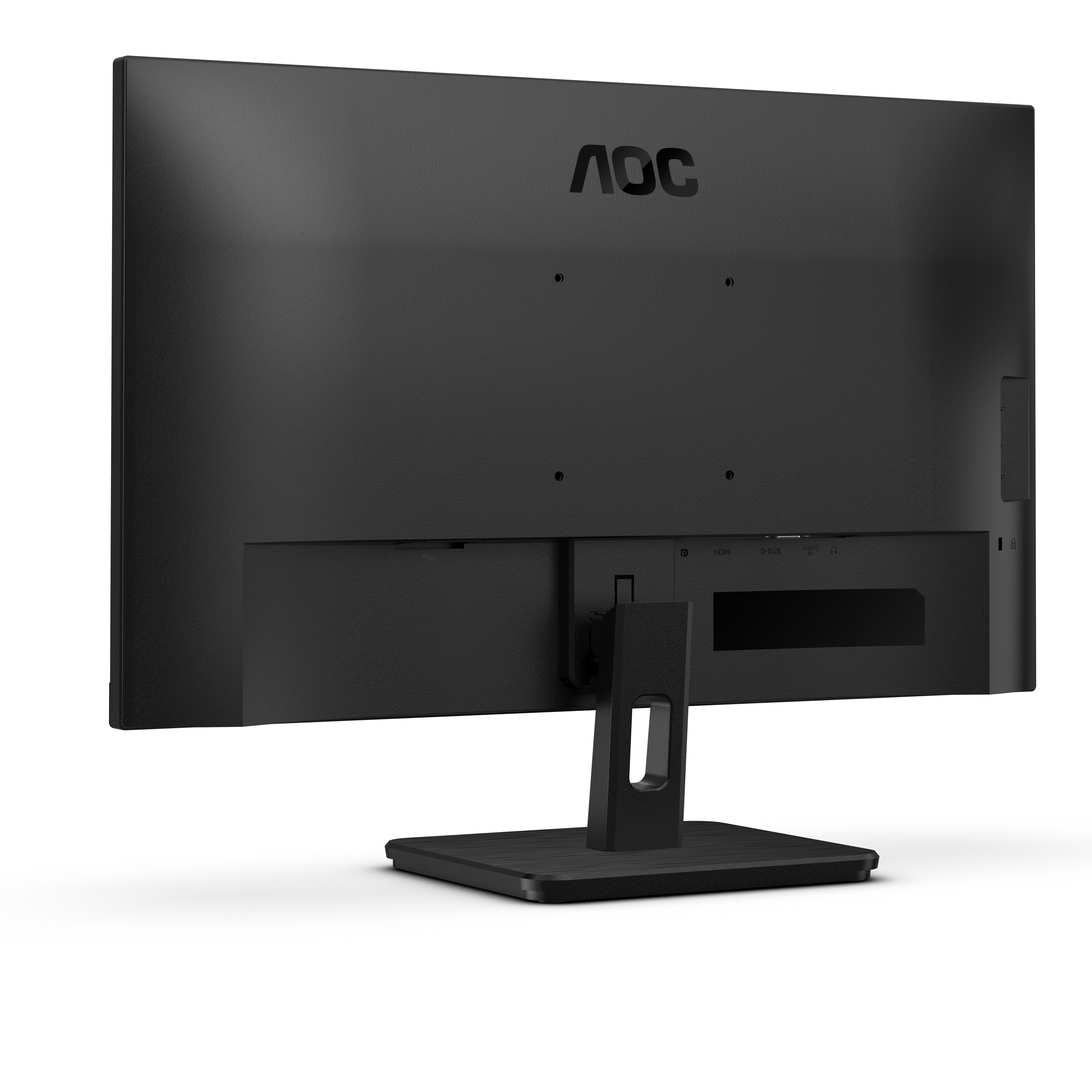 Retro di un monitor nero con supporto, porte e logo AOC.