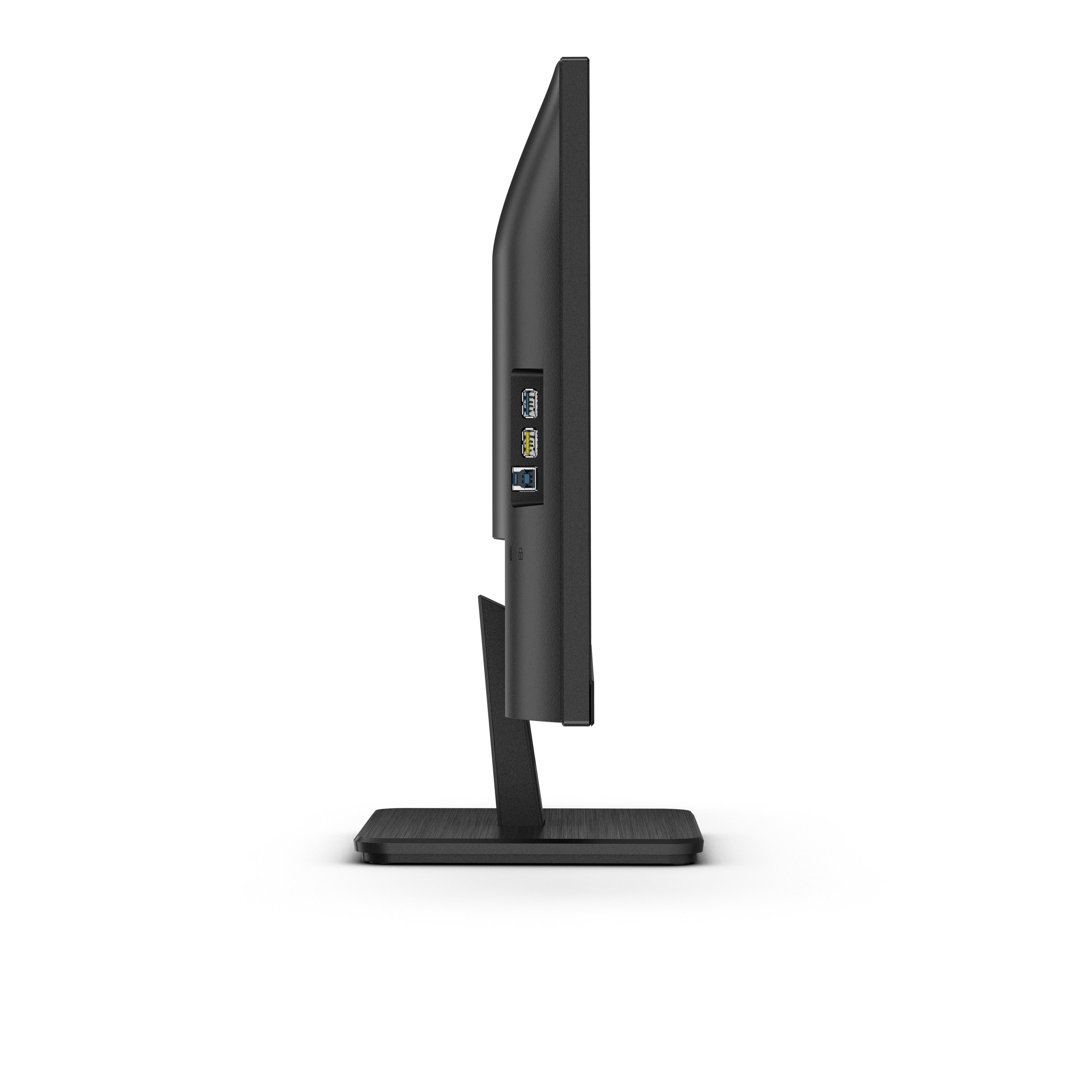 Vista laterale di un monitor nero con supporto nero e porte sul lato.
