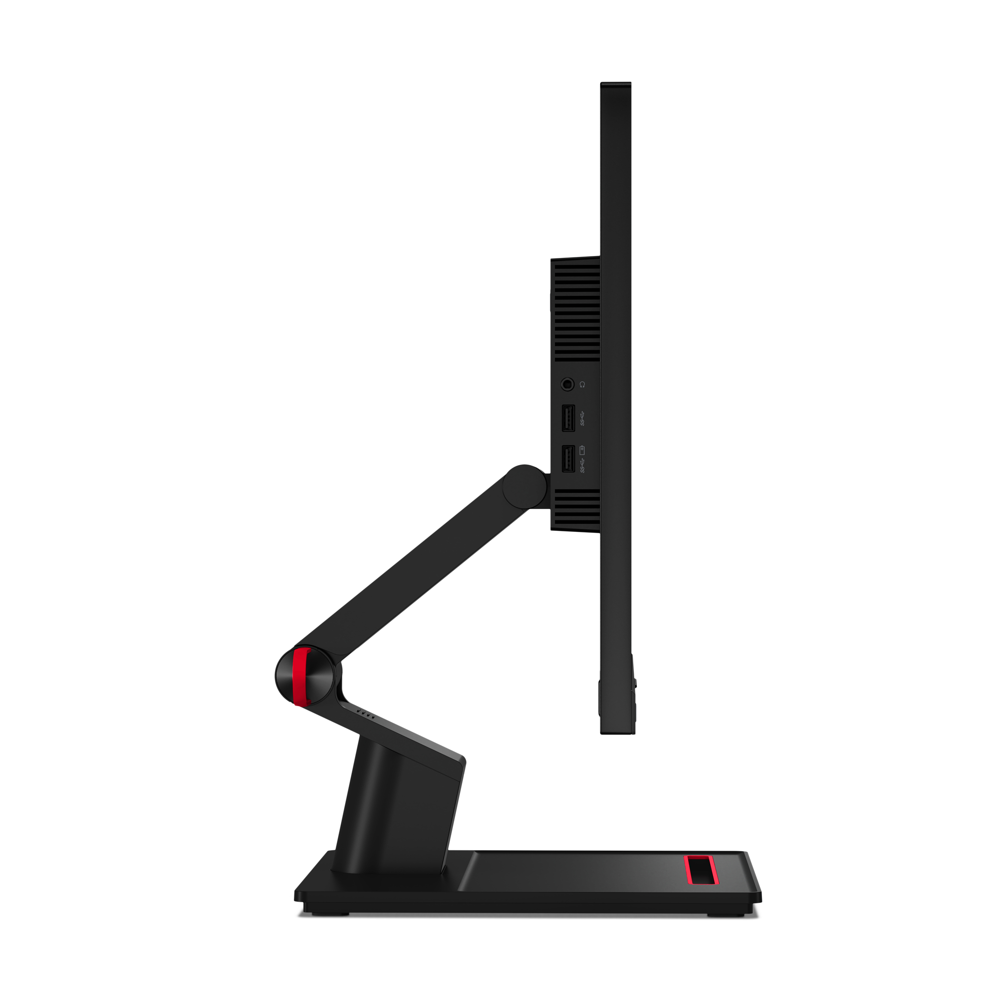 Czarny monitor komputerowy z boku. Stojak jest czarny z czerwonym zawiasem. Tło jest białe.