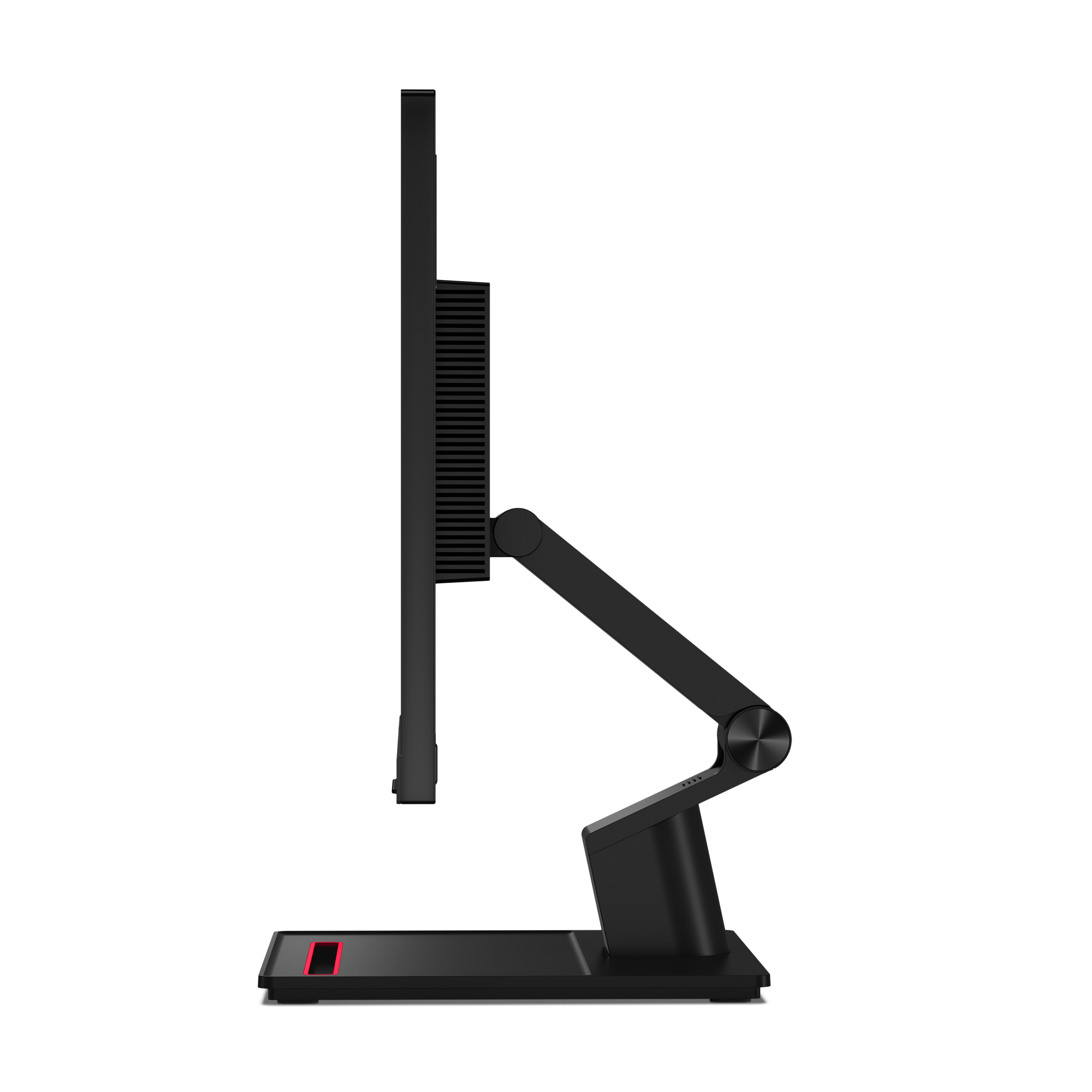 Widok z boku czarnego monitora ze stojakiem. Widoczne szczegóły stojaka i konstrukcji.