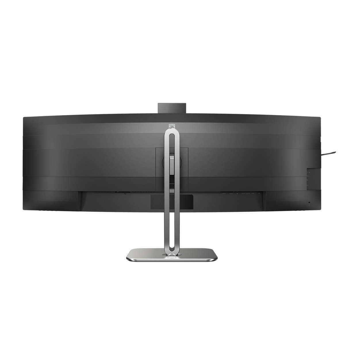 Widok z tyłu czarnego monitora ze srebrną podstawą, na białym tle.