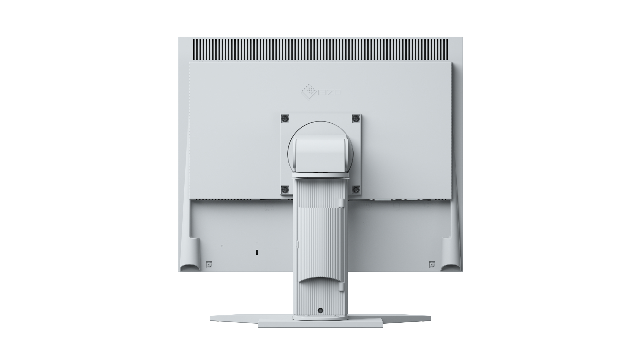 Widok z tyłu białego monitora z podstawą, pokazujący złącza.