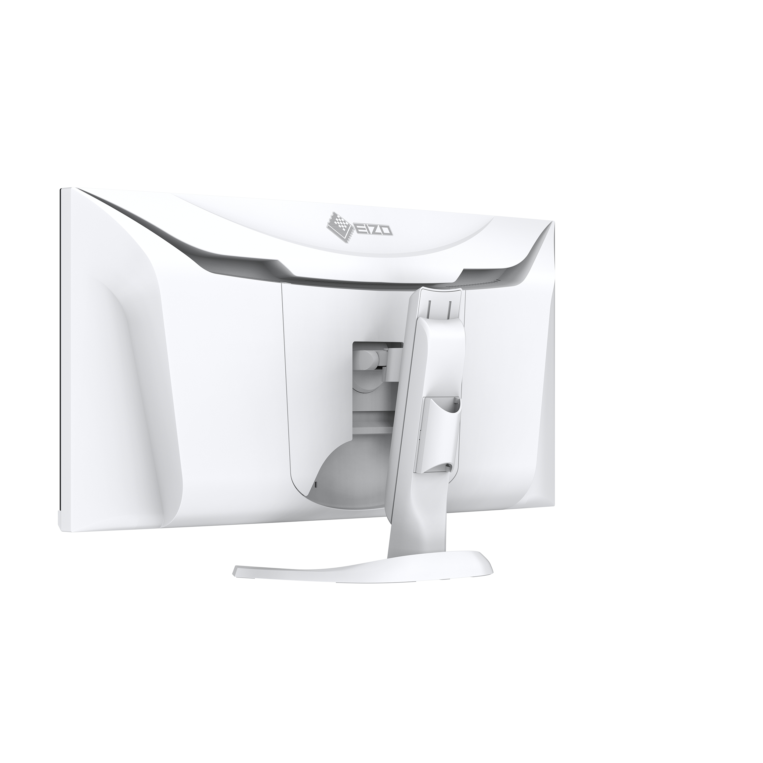 Tył białego monitora Eizo. Podstawa ma uchwyt, a ekran jest biały.