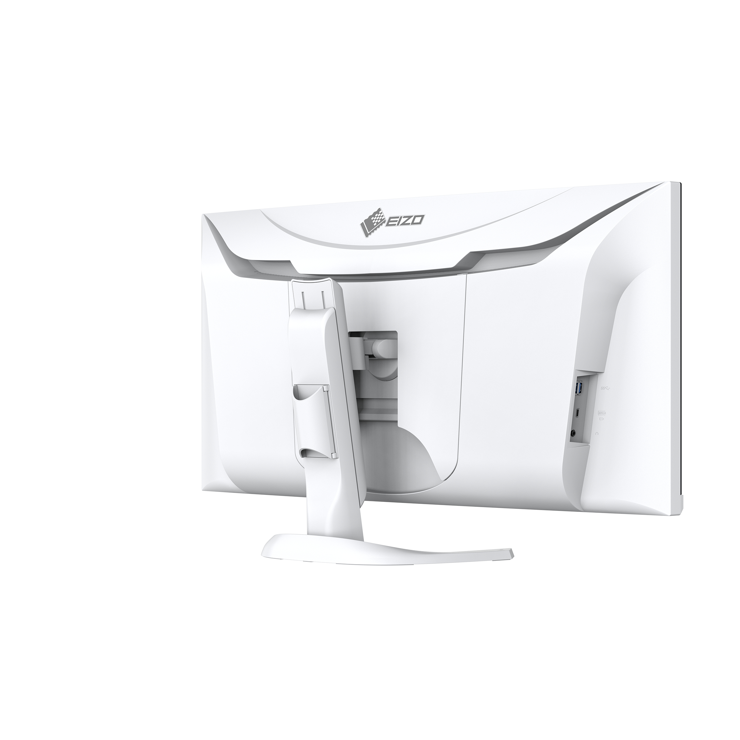 Biały monitor komputerowy z podstawką. Widoczny jest tył monitora.