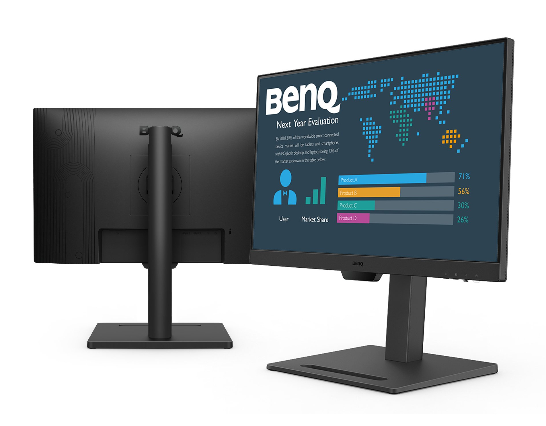 Two black computer monitors, one showing a chart and the other its back, on a white background.