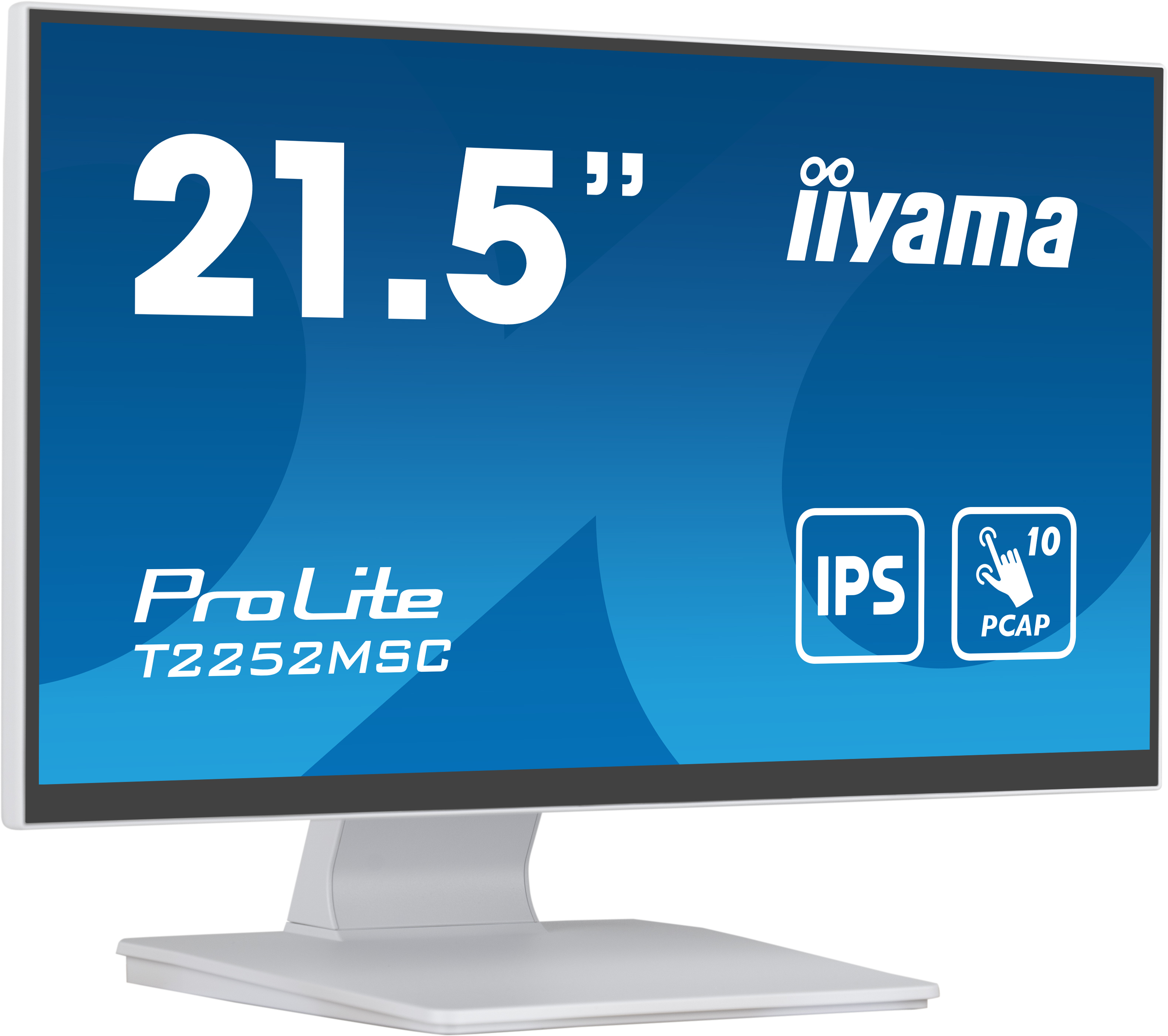 Monitor bianco con schermo da 21,5" e supporto bianco. Schermo blu con testo e icone.