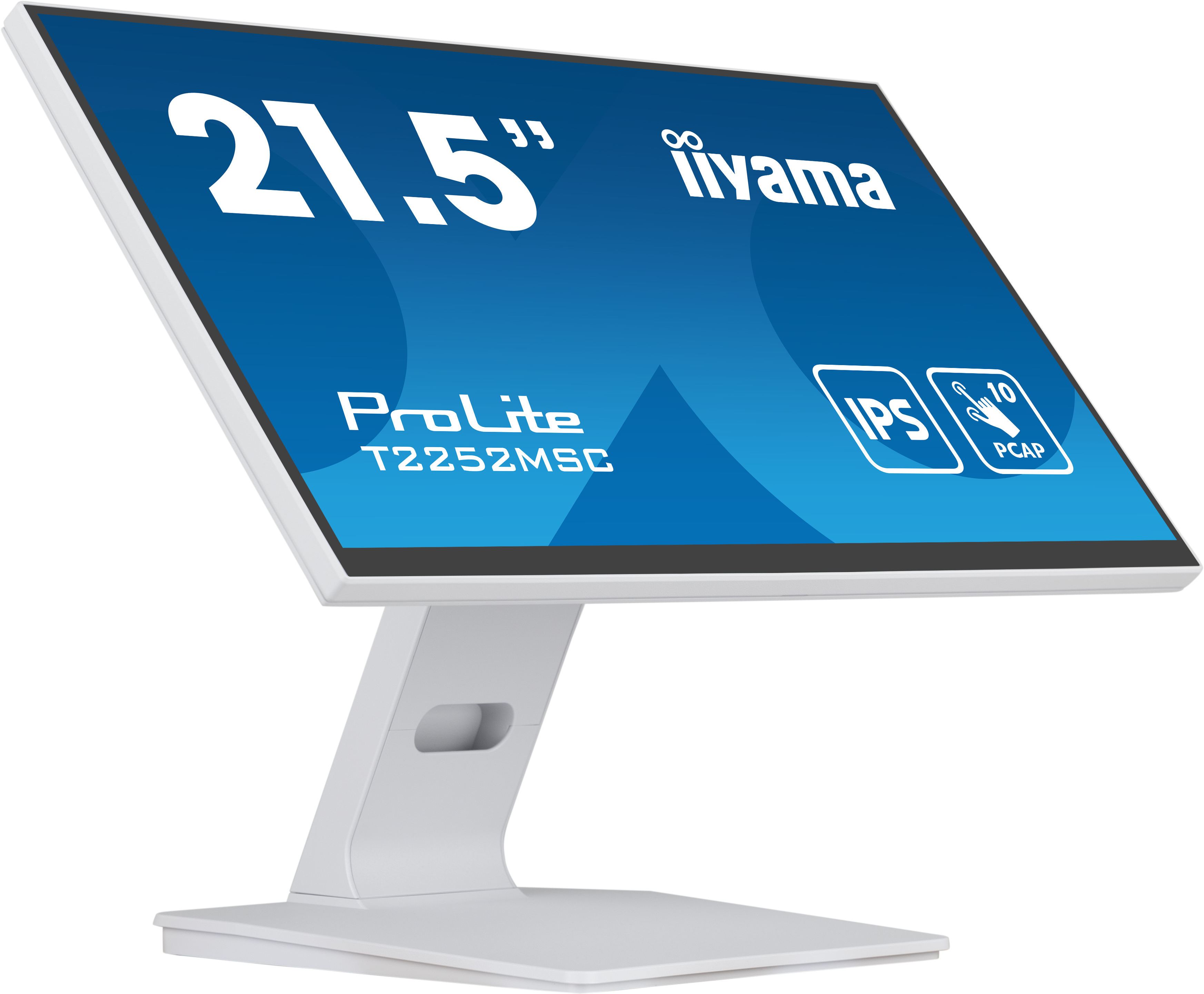 Monitor per computer bianco con base bianca e sfondo blu. Testo: Iiyama, ProLite T2252MSC, IPS, PCAP.
