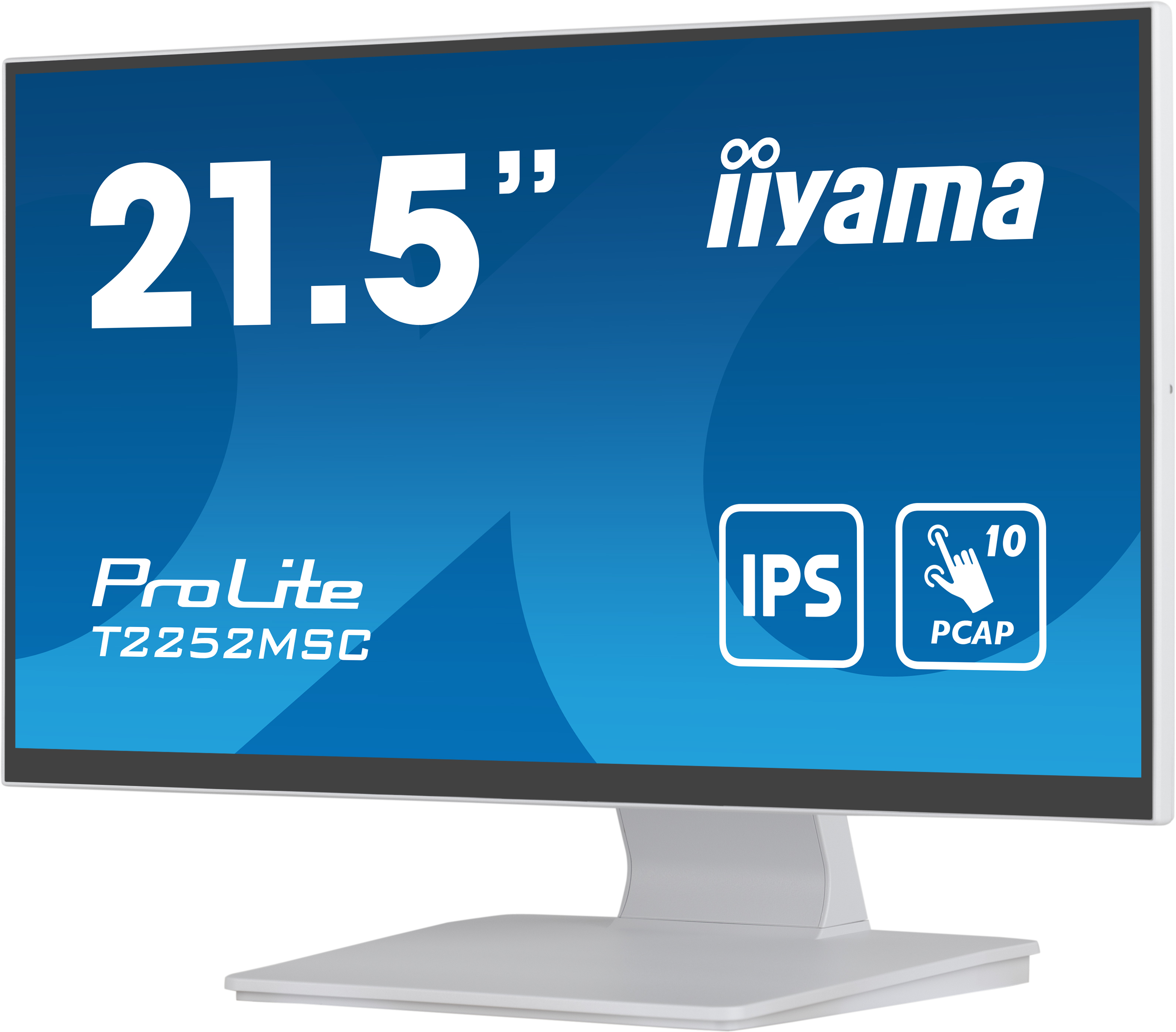 Un monitor iiyama ProLite da 21,5 pollici con supporto bianco su sfondo bianco.