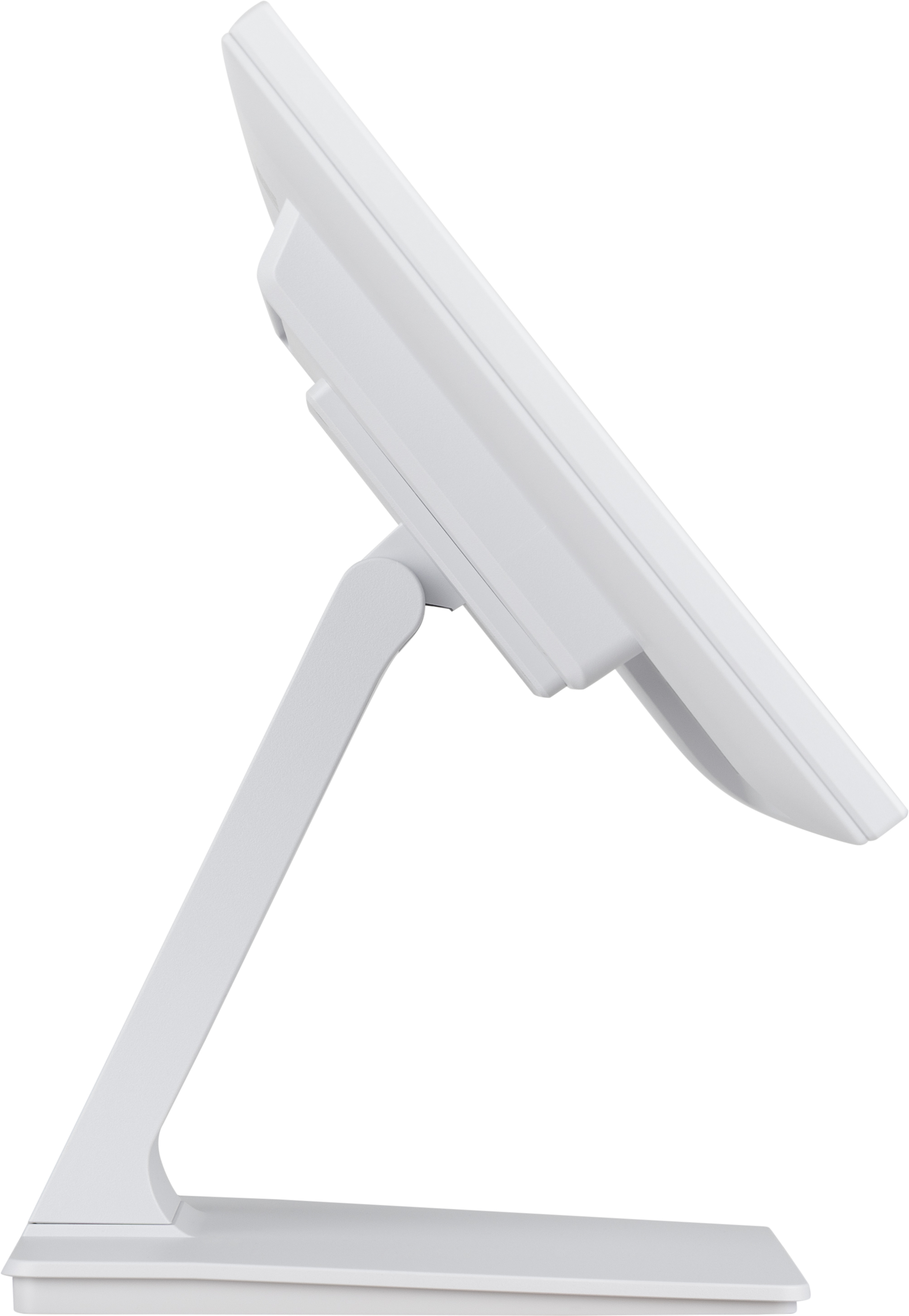 Un monitor per computer bianco, vista laterale, con supporto angolato.