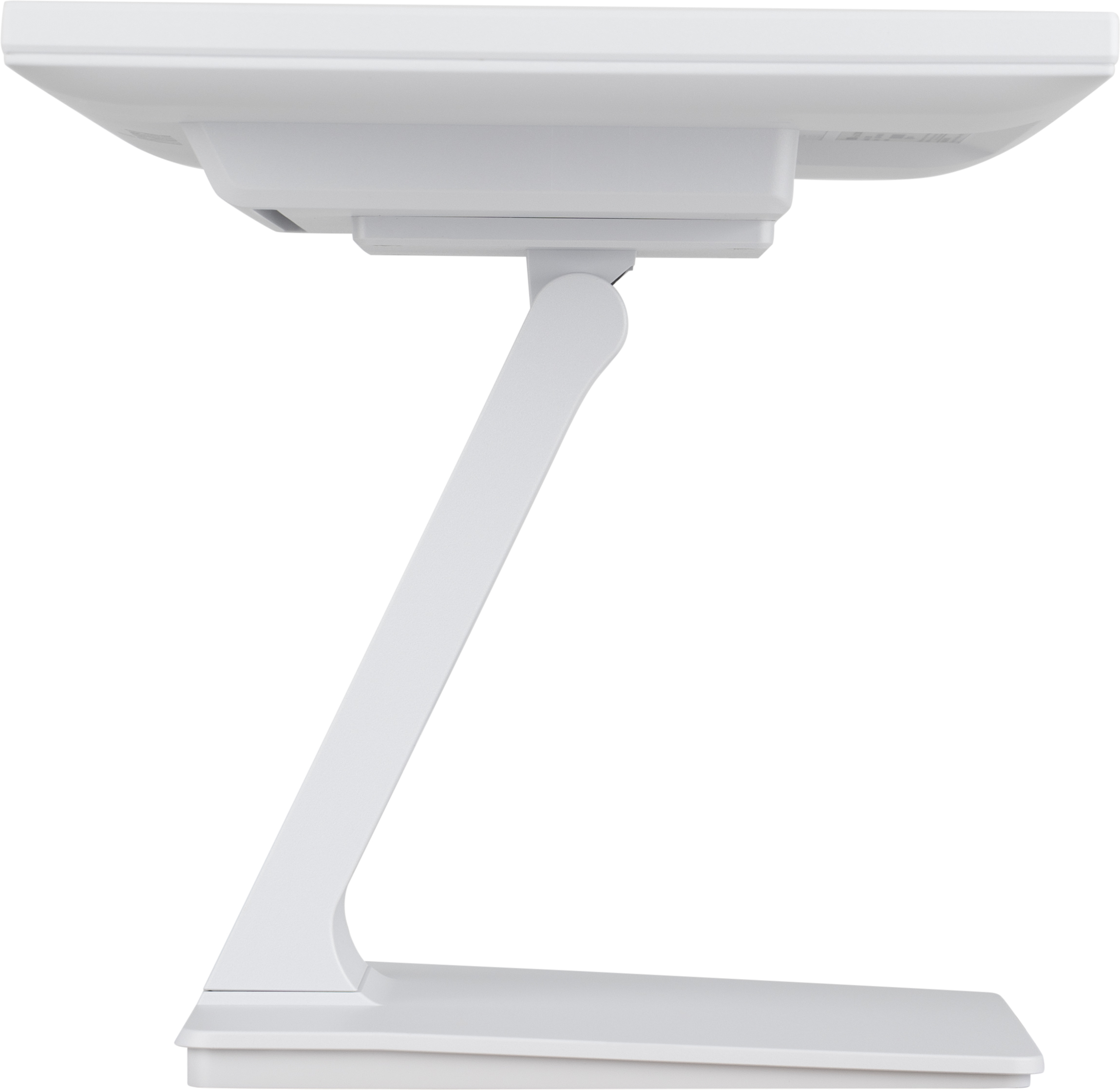 Supporto monitor bianco, vista laterale. La base è piatta e il braccio si inclina verso l'alto per lo schermo.