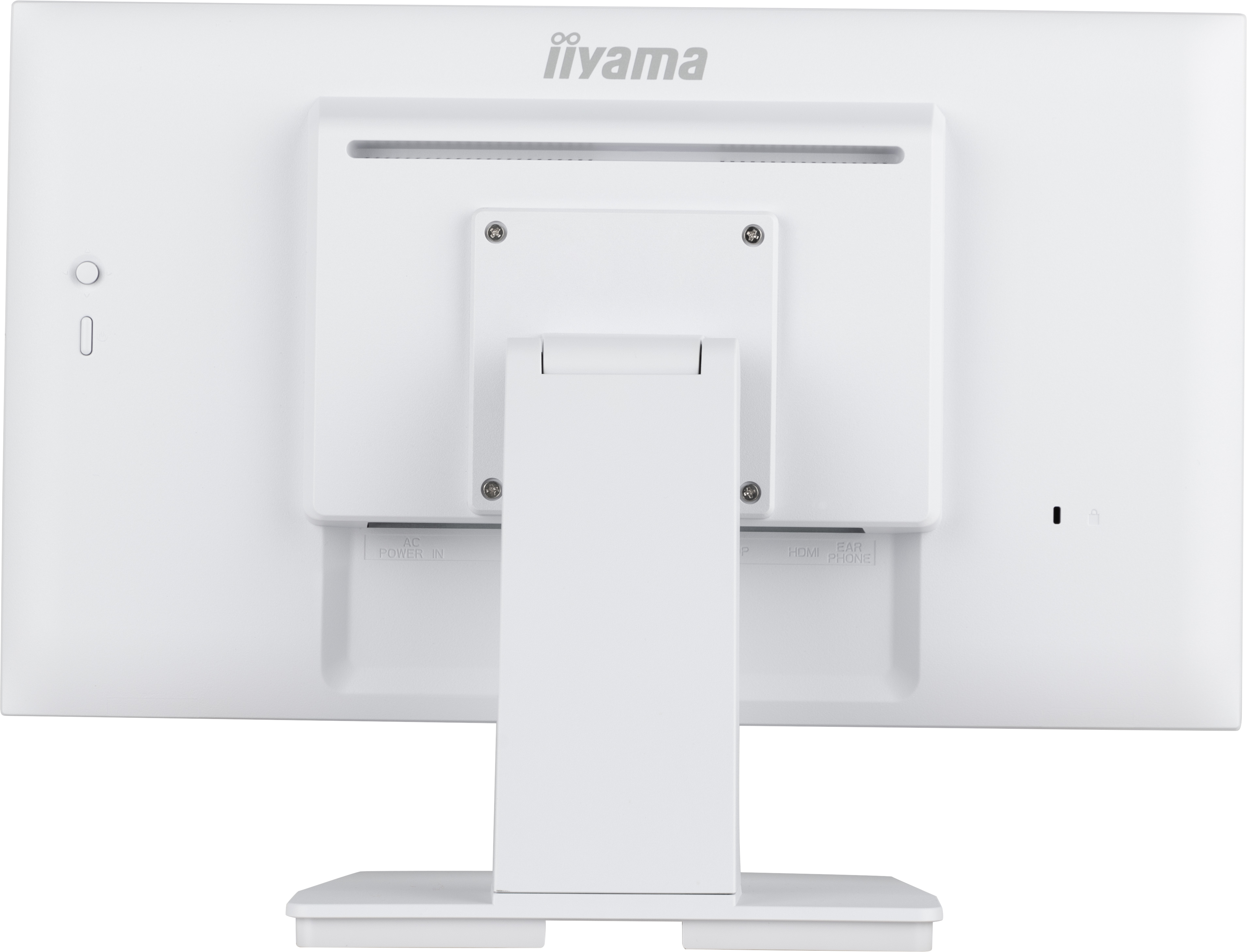 Il retro di un monitor iiYama bianco. Mostra porte, supporto e una superficie bianca.