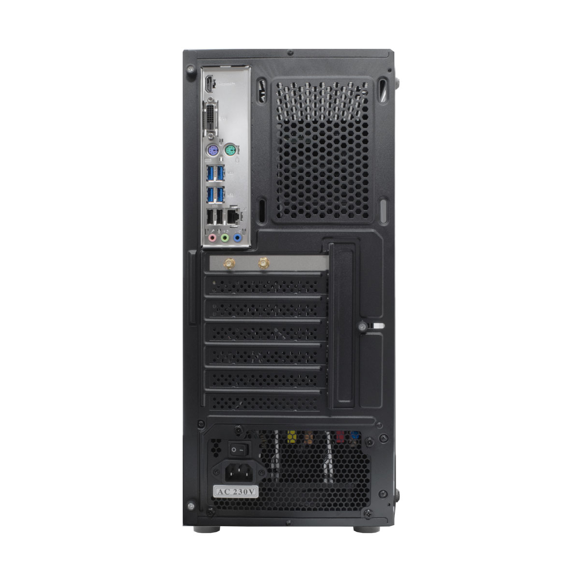 Parte trasera de una caja de computadora con varios puertos, conectores y un ventilador. Gris oscuro.