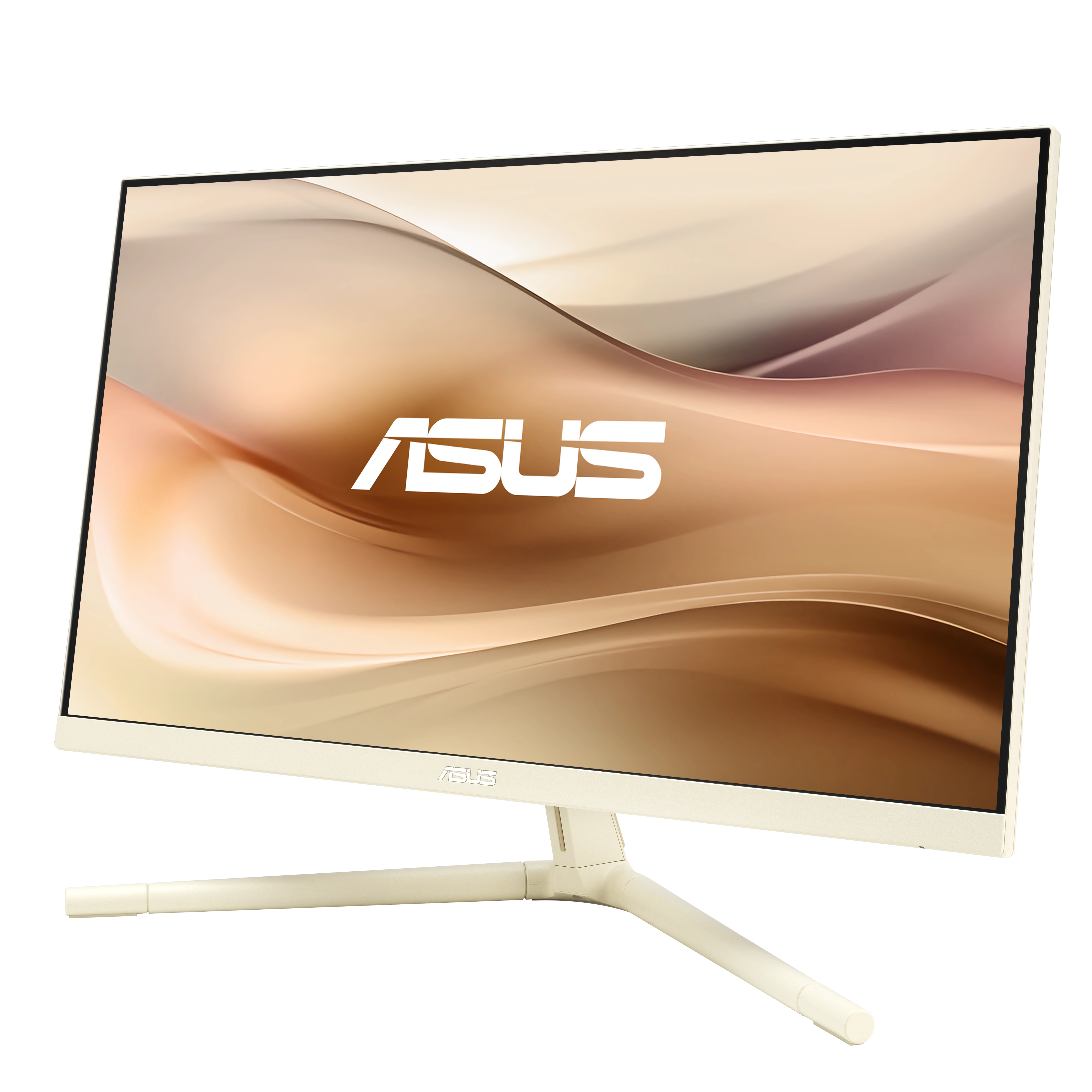 Off-white Asus monitor with an abstract background and a stand. Angled shot.