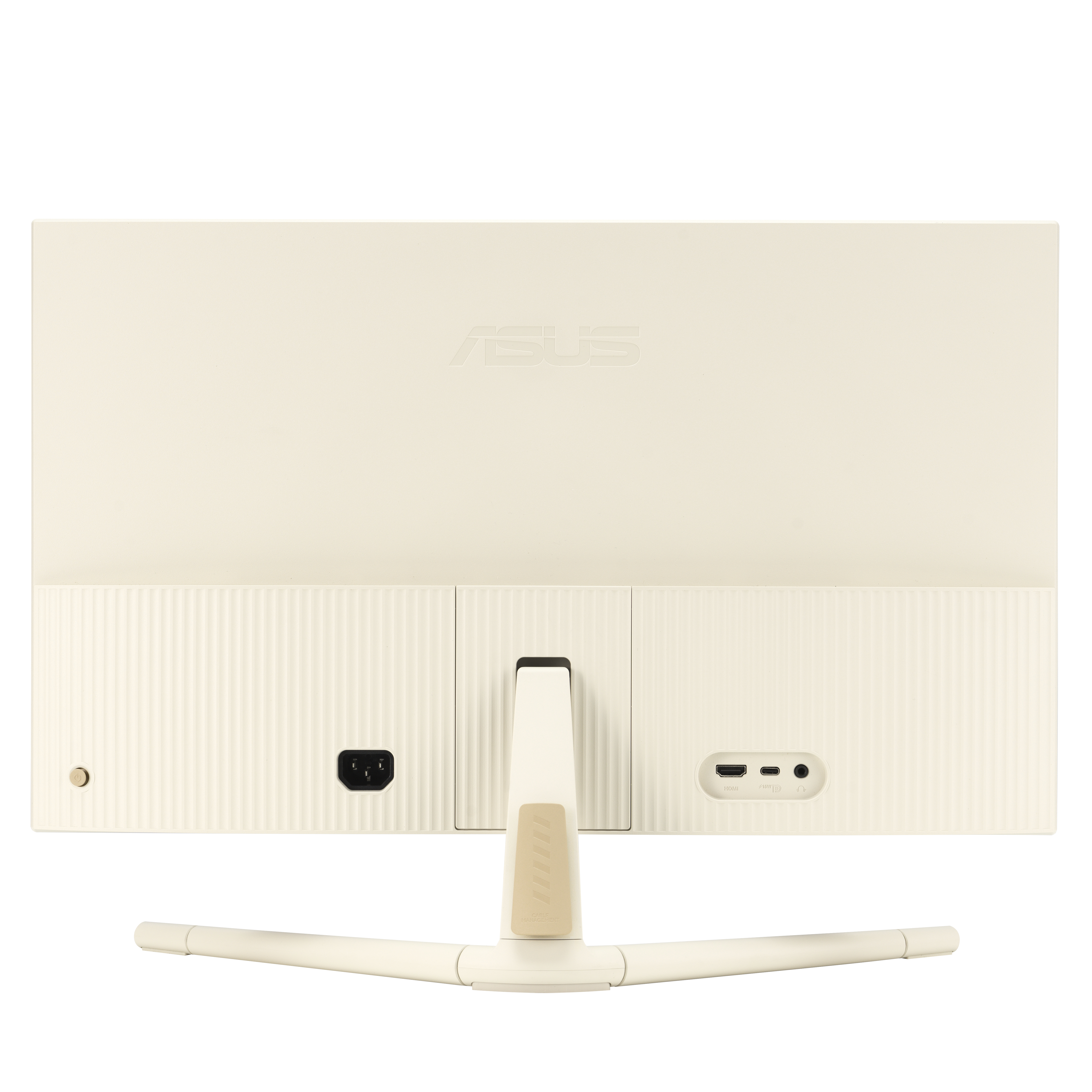 Back of a beige ASUS monitor, showing ports and stand. The screen is off.
